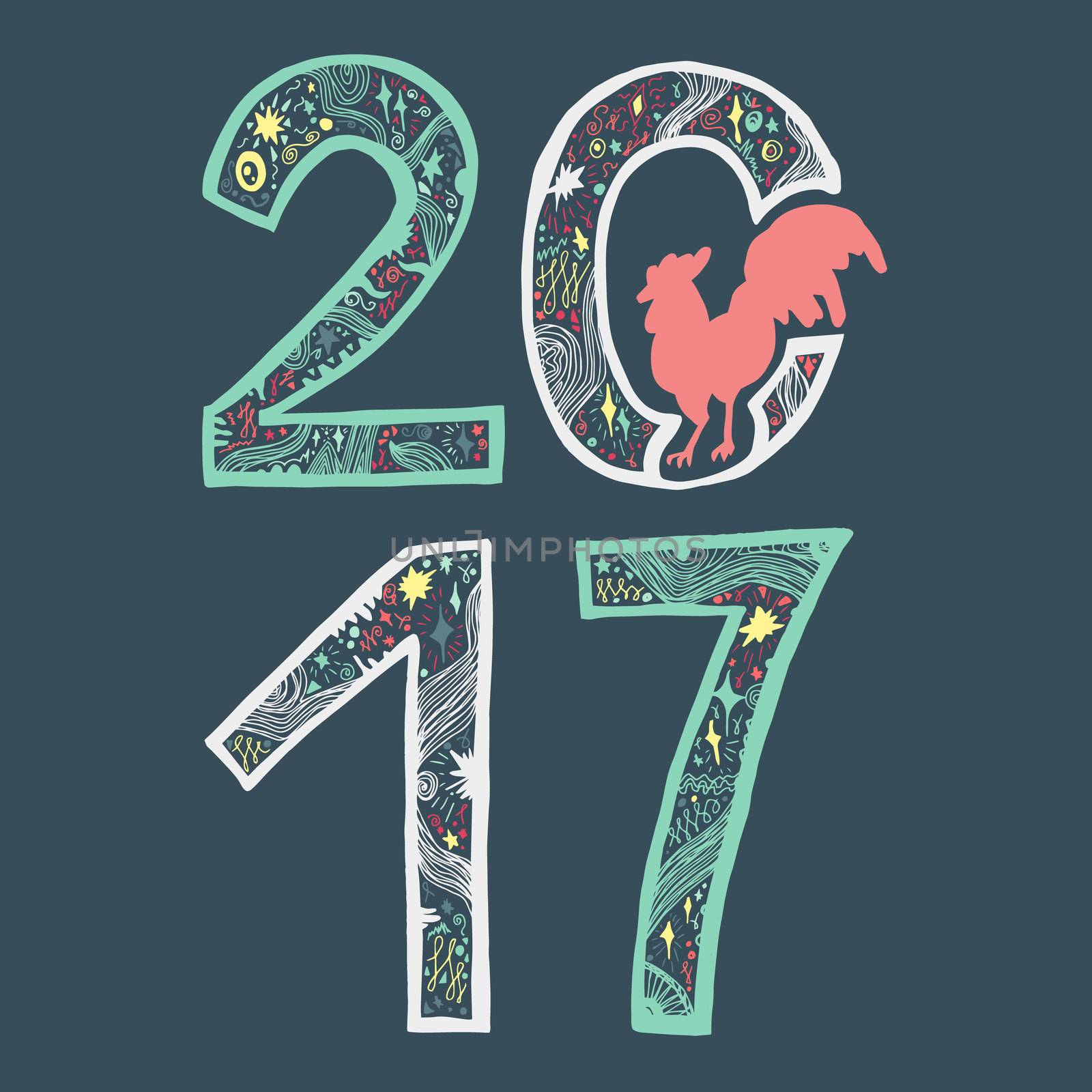 Lettering 2017 with cock for print, poster, sticker. Happy new year greeting card. Vector