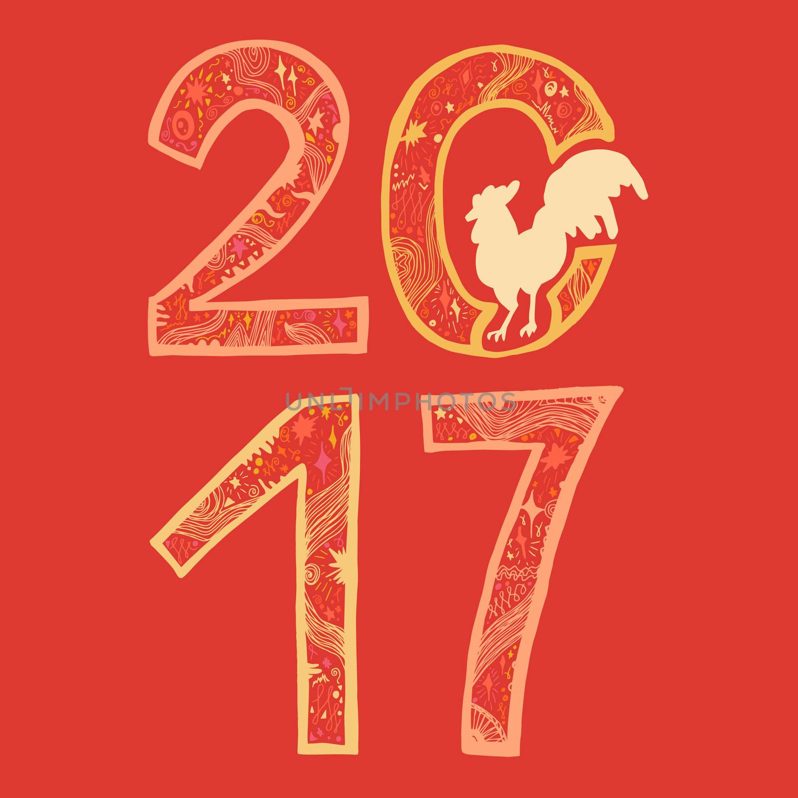 Lettering 2017 with cock for print, poster, sticker. Happy new year greeting card. Vector