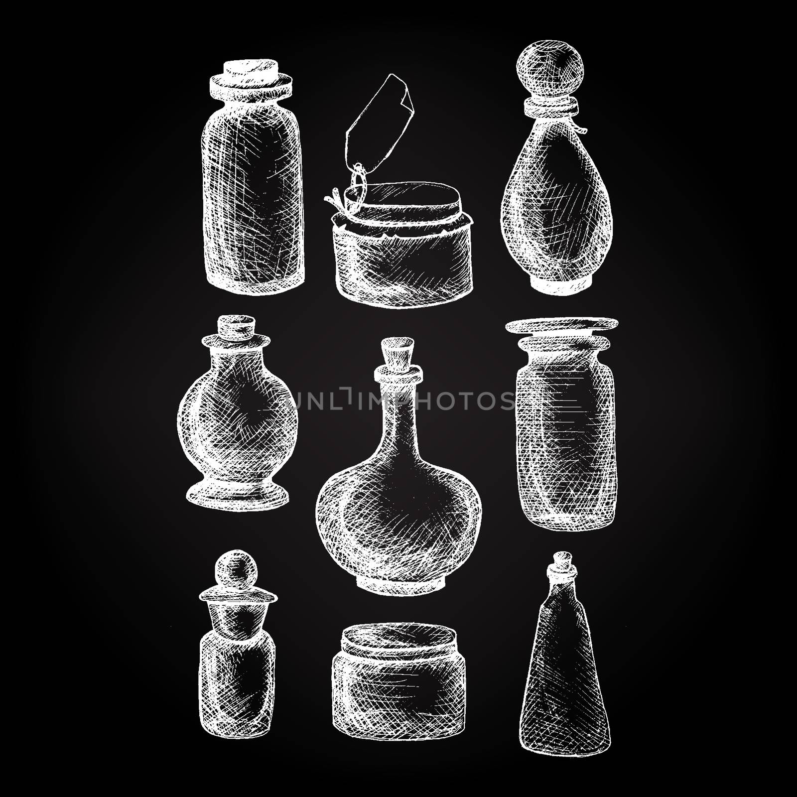 Hand drawn isolated vintage glass jars and bottles set. Containers for jams, food, attar, otto, essential oil, oils, liquid, perfume. Vector