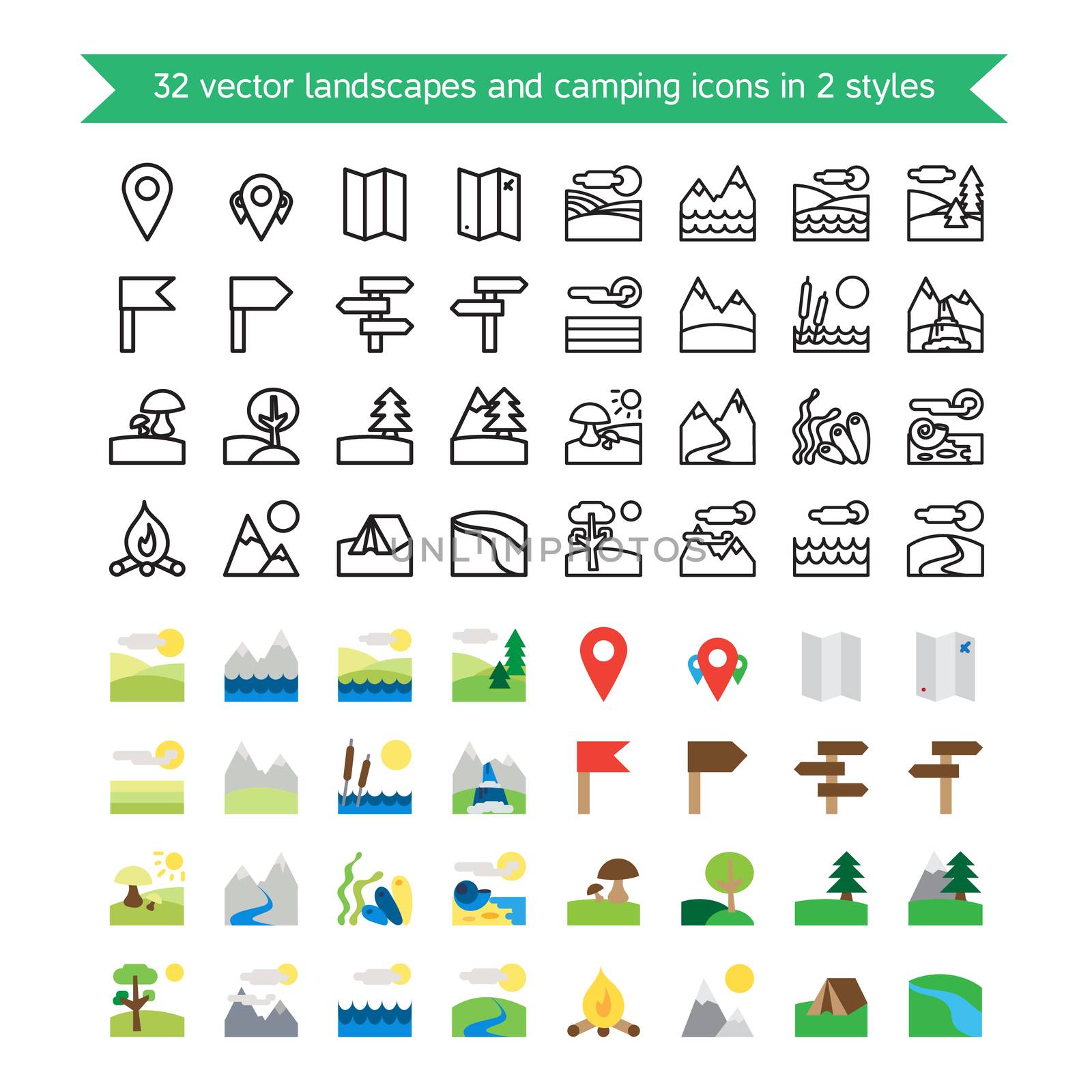 Landscapes and camping 32 icons set. Nature and traveling symbols. Ecology and geological signs. Vector