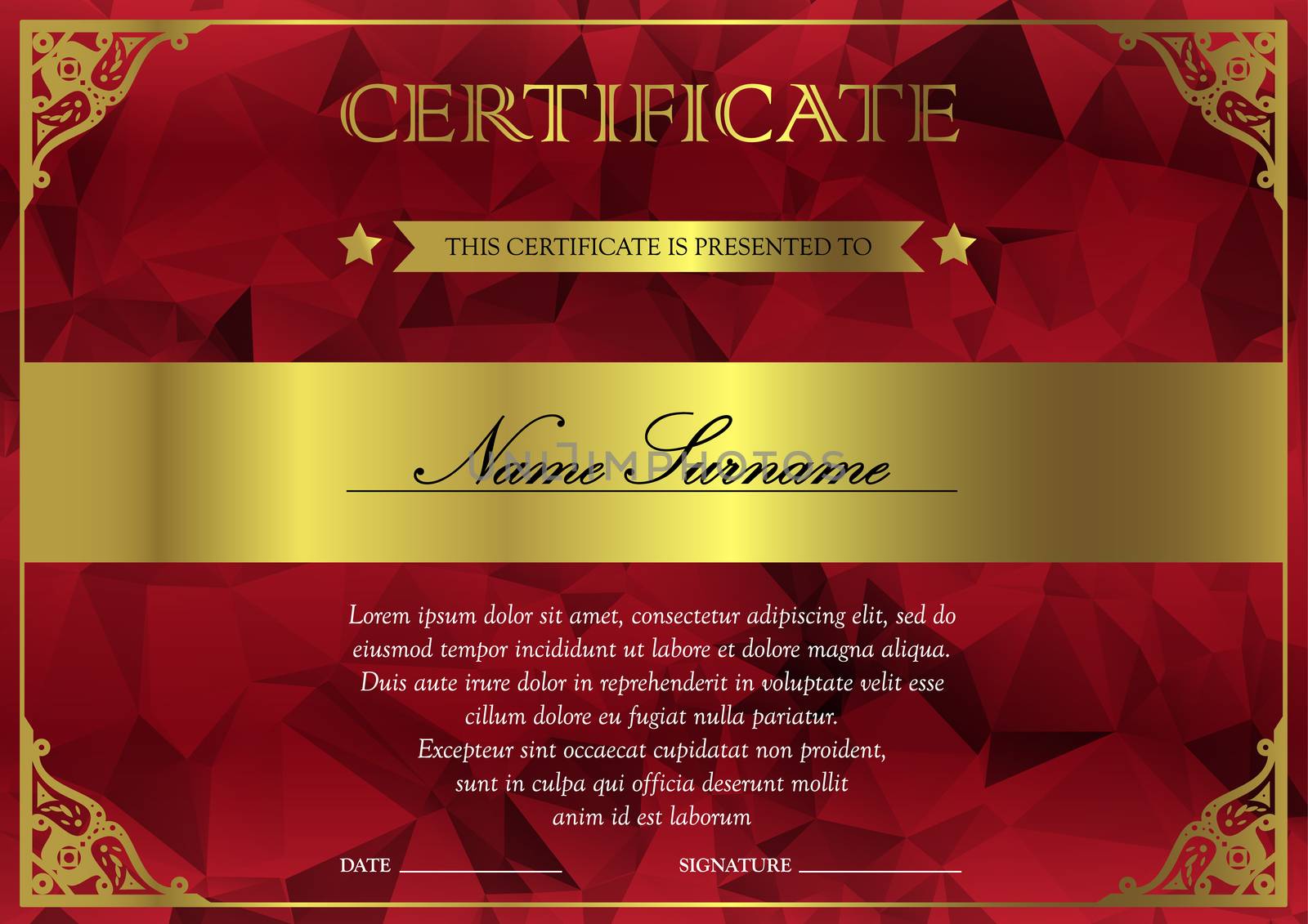 Horizontal red and gold certificate and diploma template with vintage, floral, filigree and cute pattern for winner for achievement. Blank of award coupon. Vector