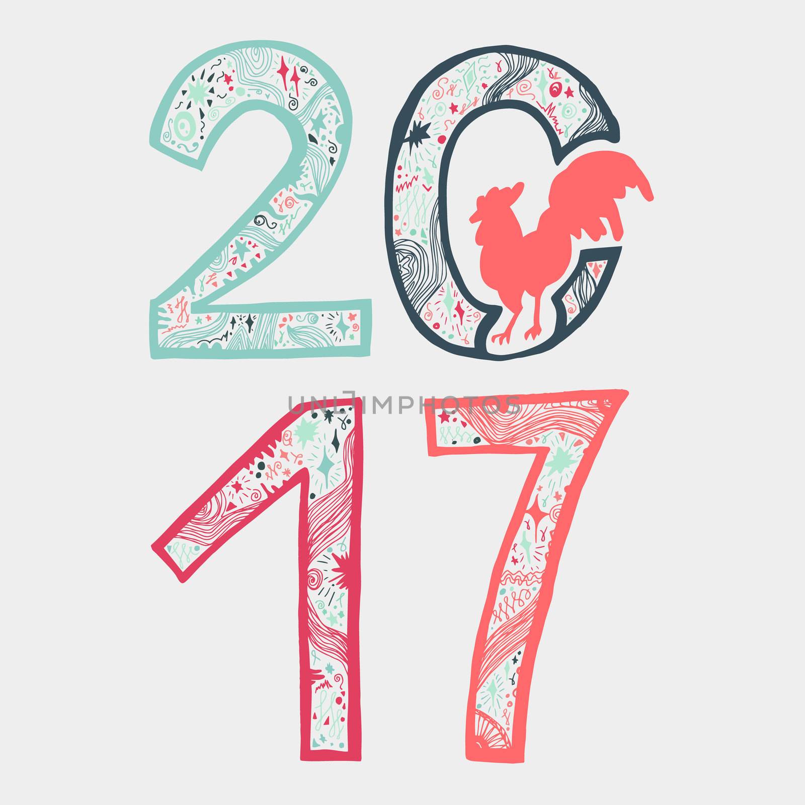 Lettering 2017 with cock for print, poster, sticker. Happy new year greeting card. Vector