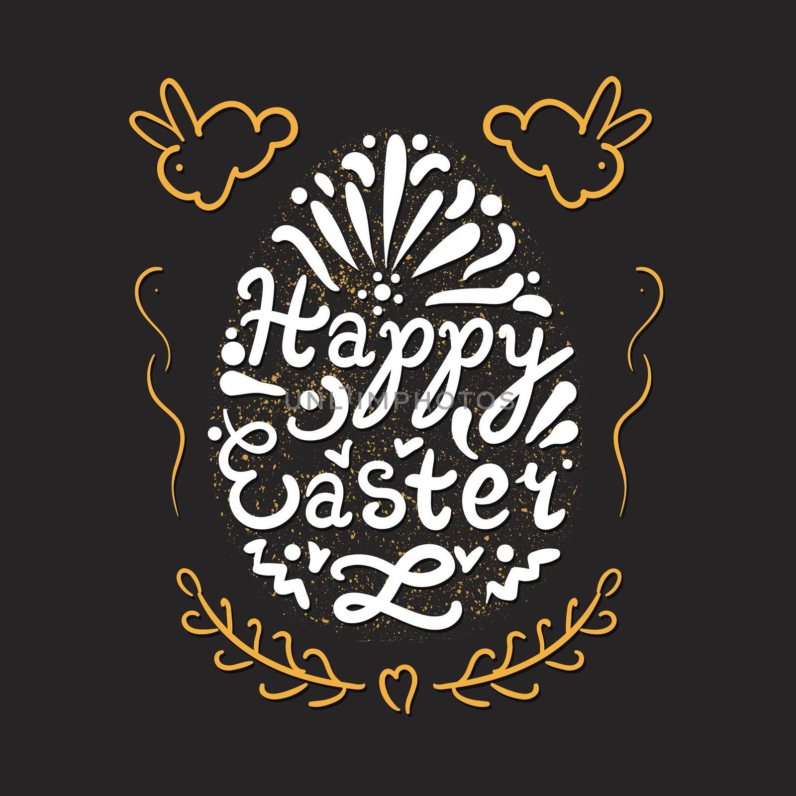 Vintage Happy Easter lettering in egg with gold rabbits. Vector