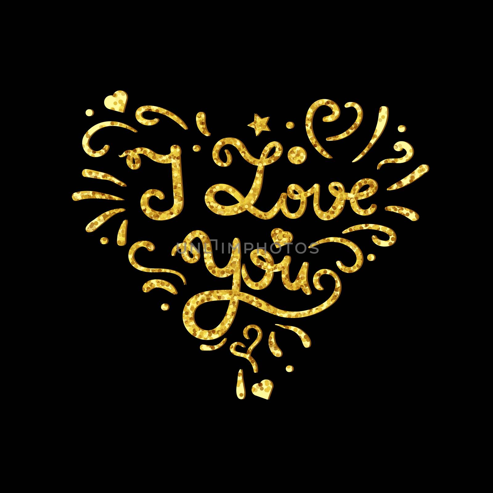 Vintage heart with gold lettering from sparkles. Greeting about love for Valentine's Day. Retro wedding card. I love you. Vector