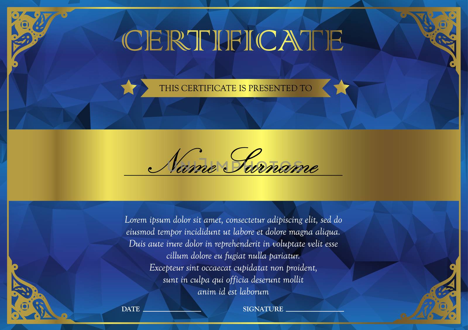 Horizontal blue and gold certificate and diploma template with vintage, floral, filigree and cute pattern for winner for achievement. Blank of award coupon. Vector