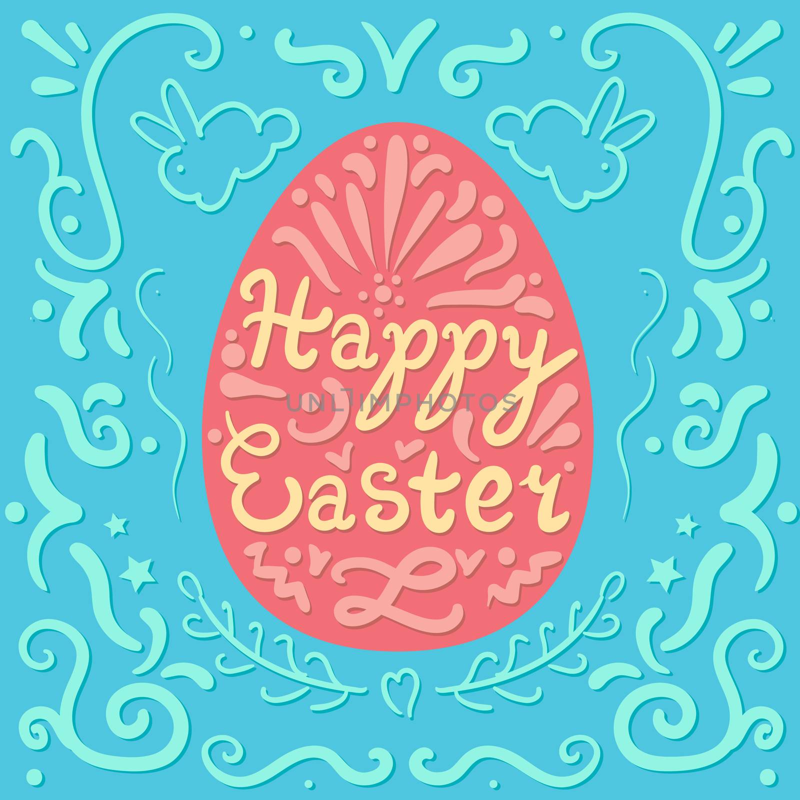 Vintage Happy Easter lettering in egg with rabbits. Pasch cookie. Vector