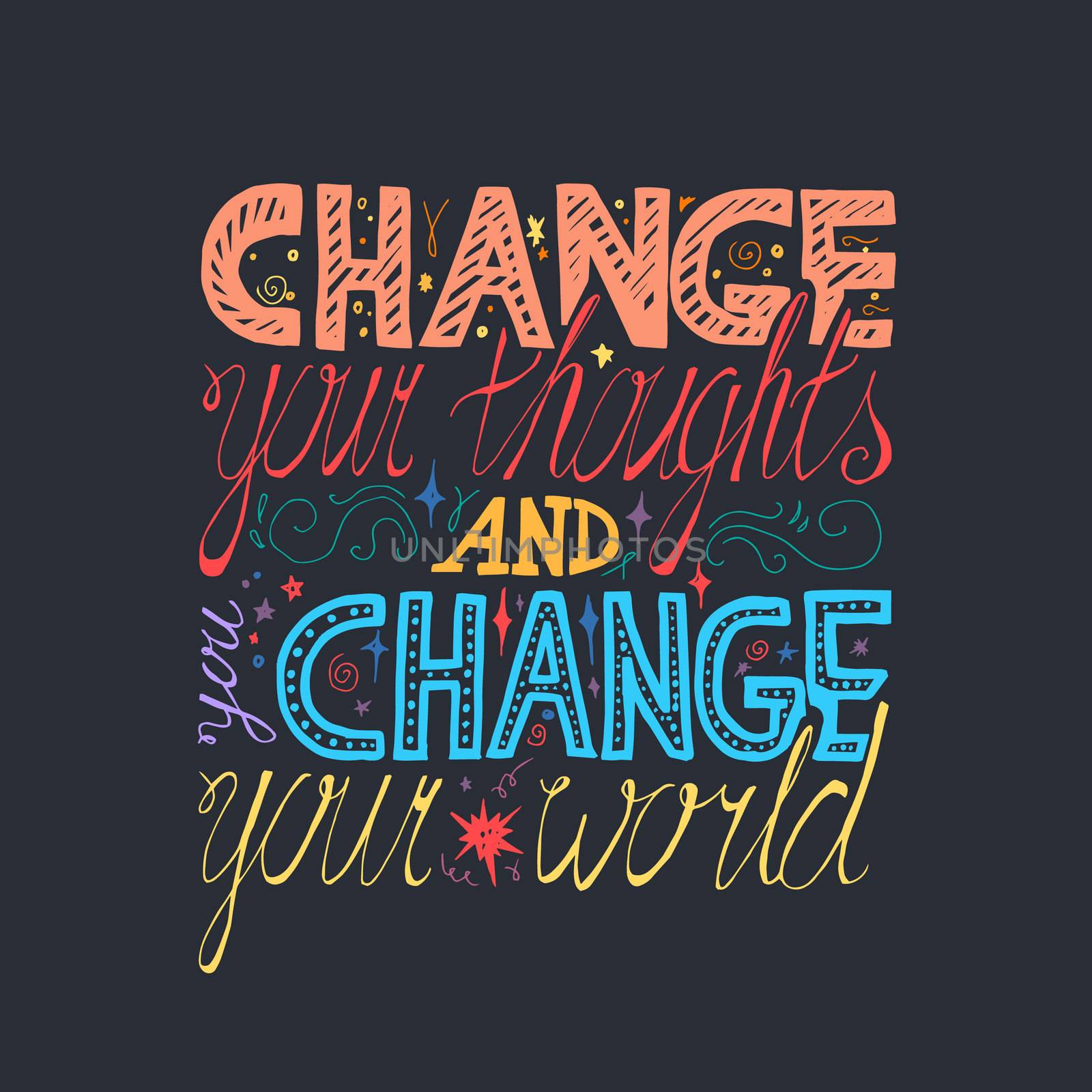Lettering motivation poster. Quote about dream and believe for fabric, print, decor, greeting card. Change your thoughts and you change your world. Vector