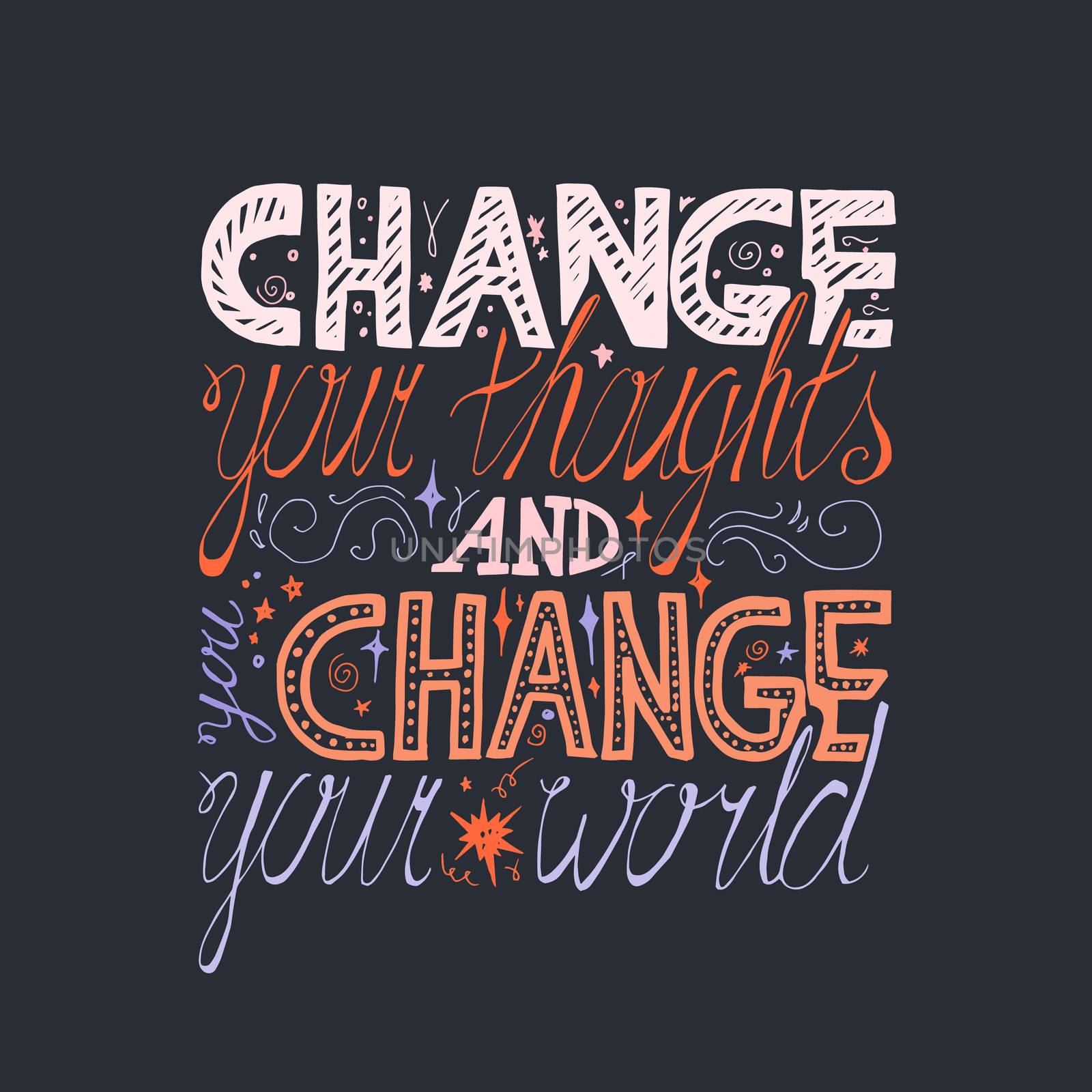 Lettering motivation poster. Quote about dream and believe for fabric, print, decor, greeting card. Change your thoughts and you change your world. Vector