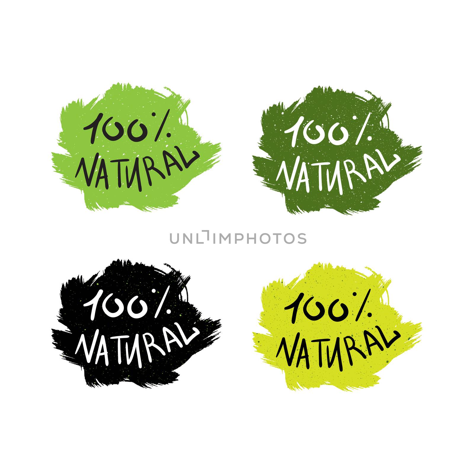 Hand drawn ecology and 100 percents natural lettering. Isolated grunge sticker or nature icon of quality for banner, web, card, print. Eco design. Vector