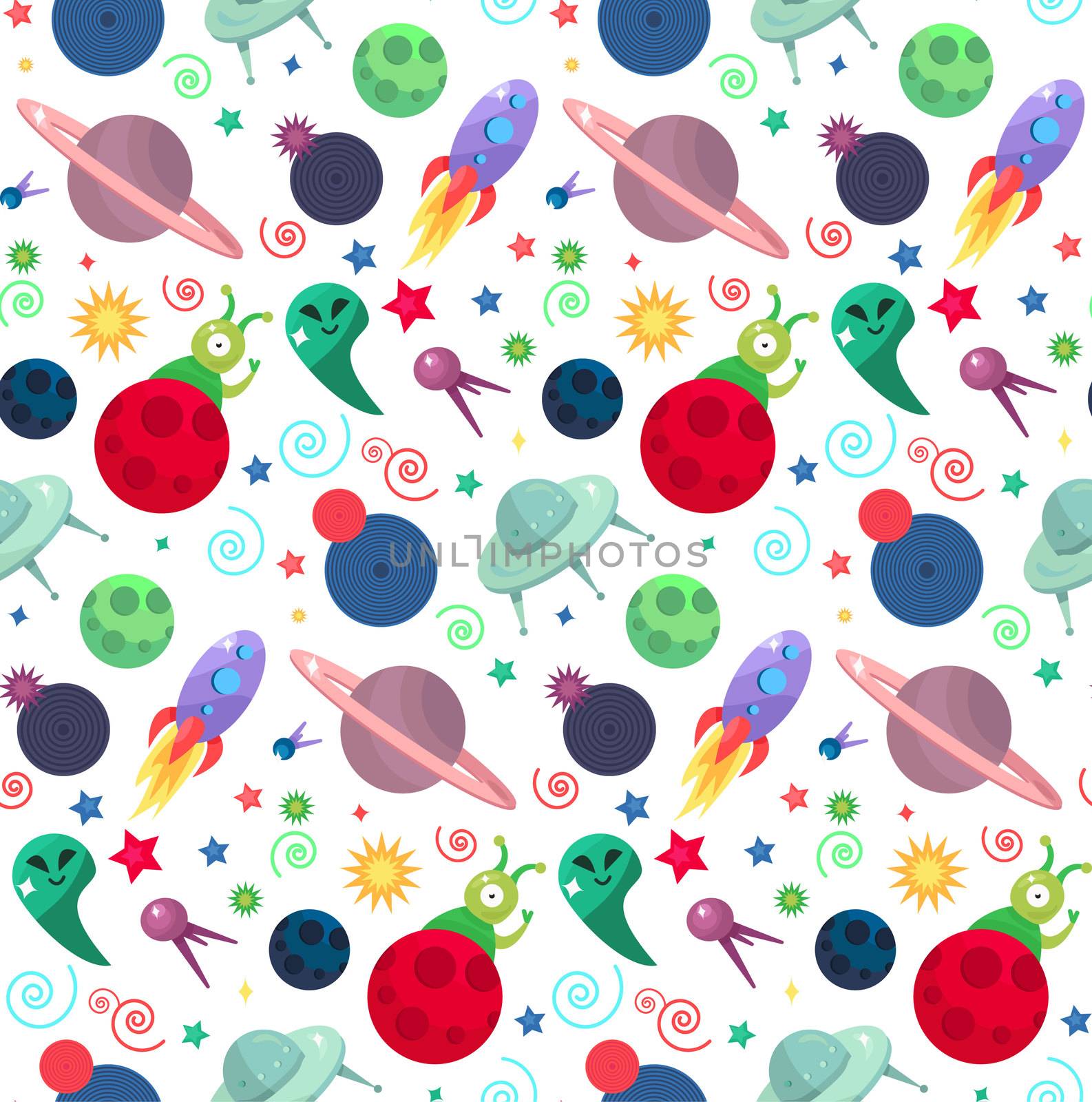 Cosmos and UFO concept in seamless pattern for wrap, print, fabric and game, web and children's items. Spaceship, satellites, planet and alien, extraterrestrial, stars and universe. Vector