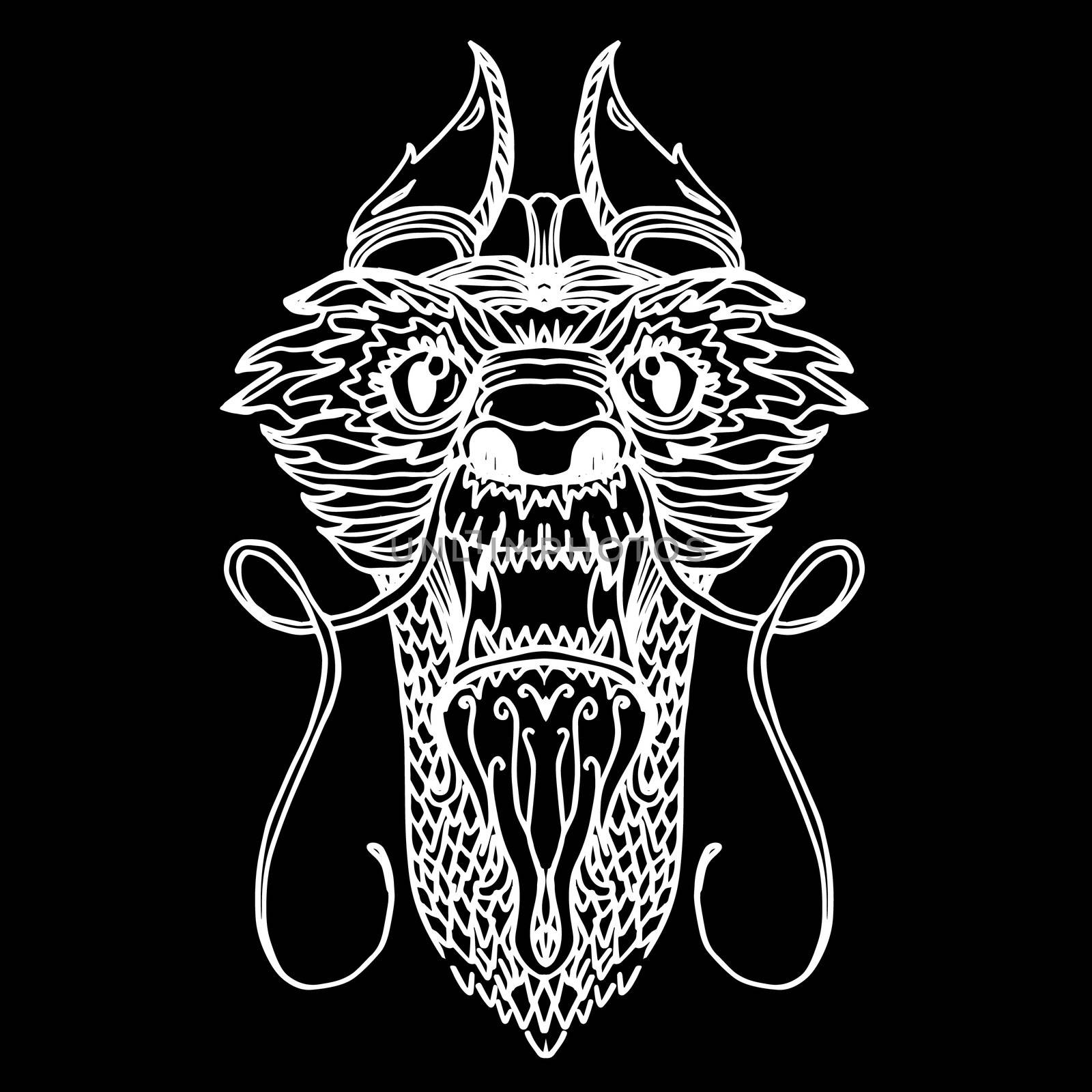 Dragon Head in tattoo and cartoon style. Vector