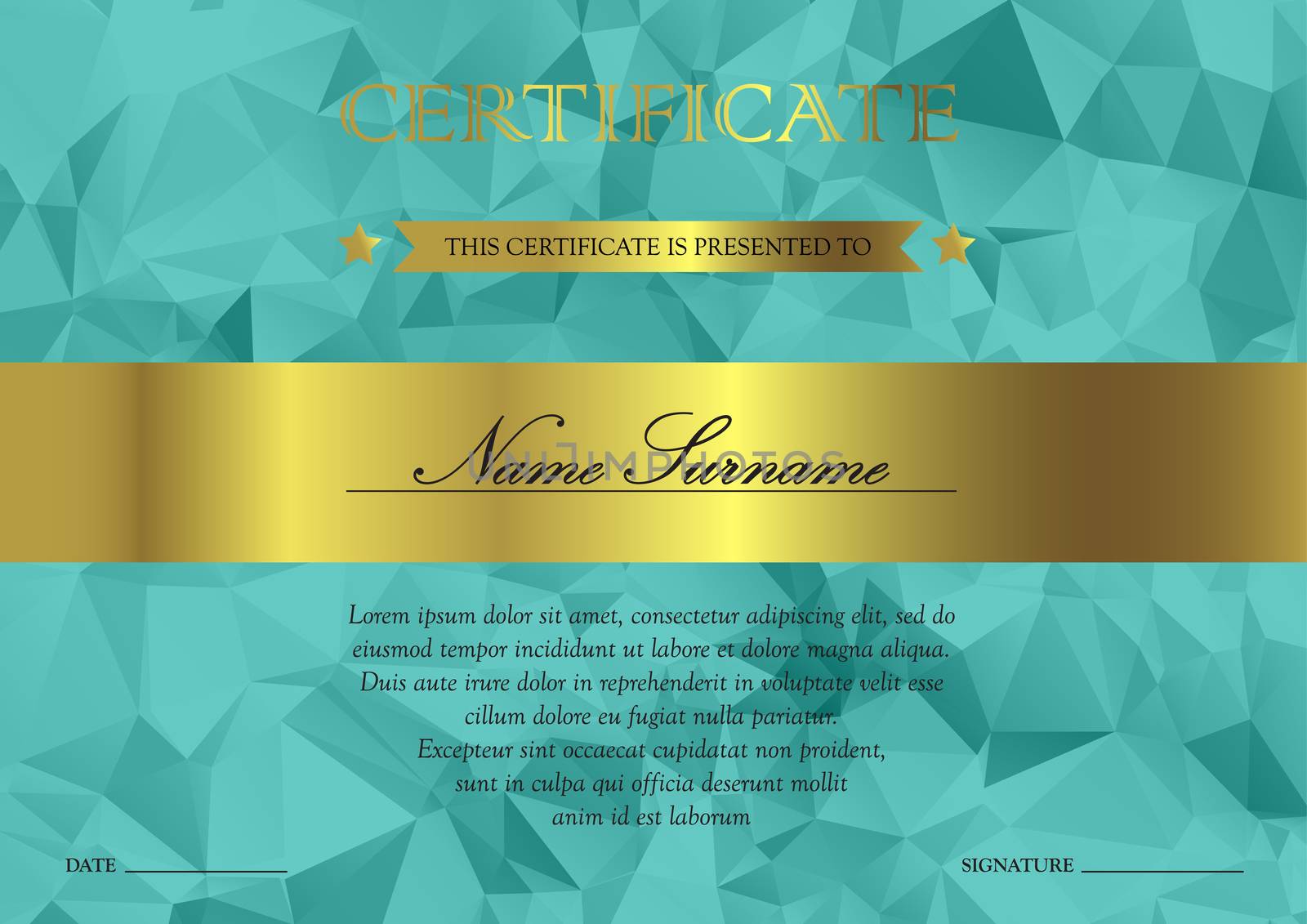 Horizontal turquoise and gold certificate and diploma template with vintage, floral, filigree and cute pattern for winner for achievement. Blank of award coupon. Vector
