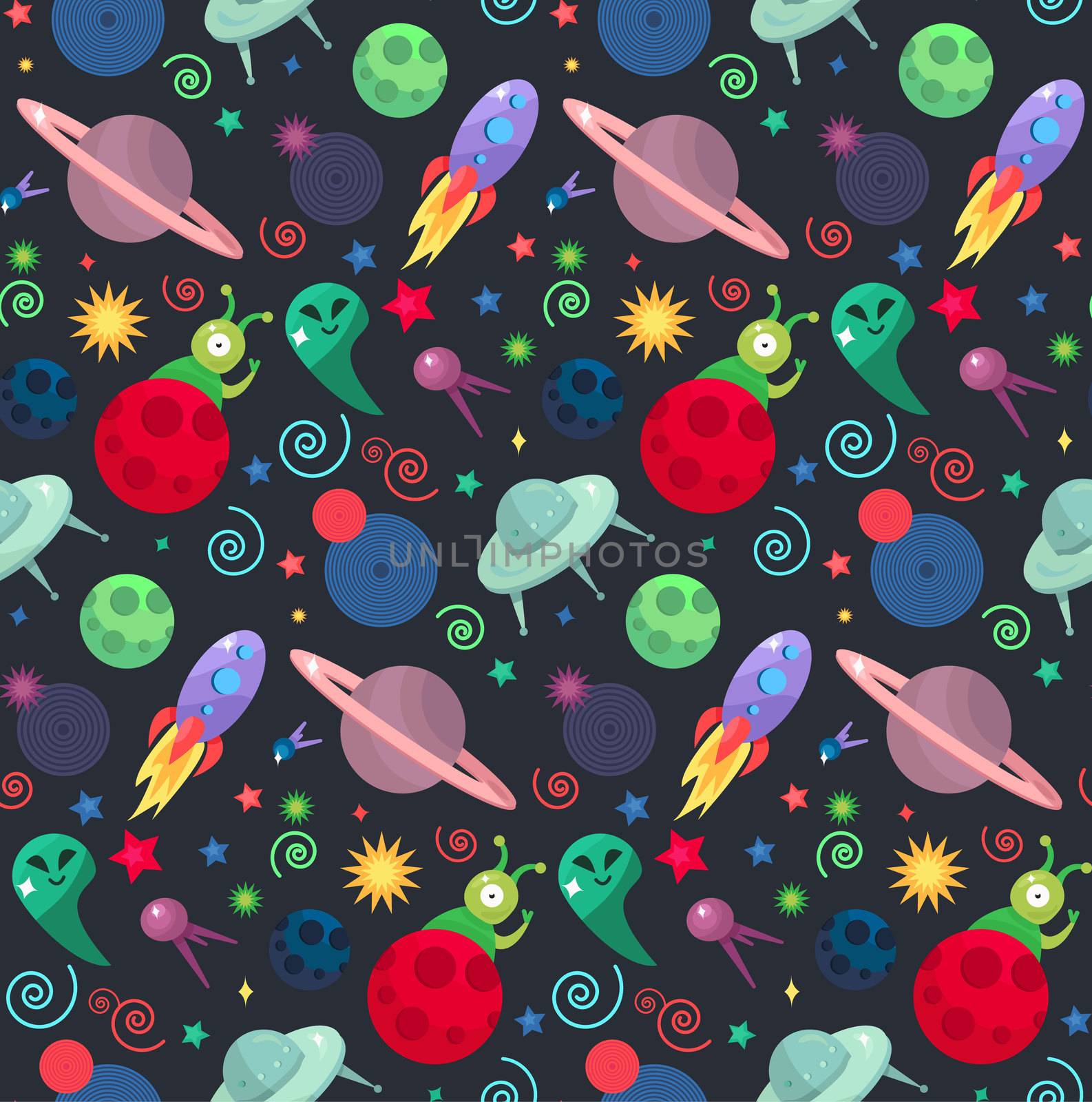 Cosmos and UFO concept in seamless pattern for wrap, print, fabric and game, web and children's items. Spaceship, satellites, planet and alien, extraterrestrial, stars and universe. Vector