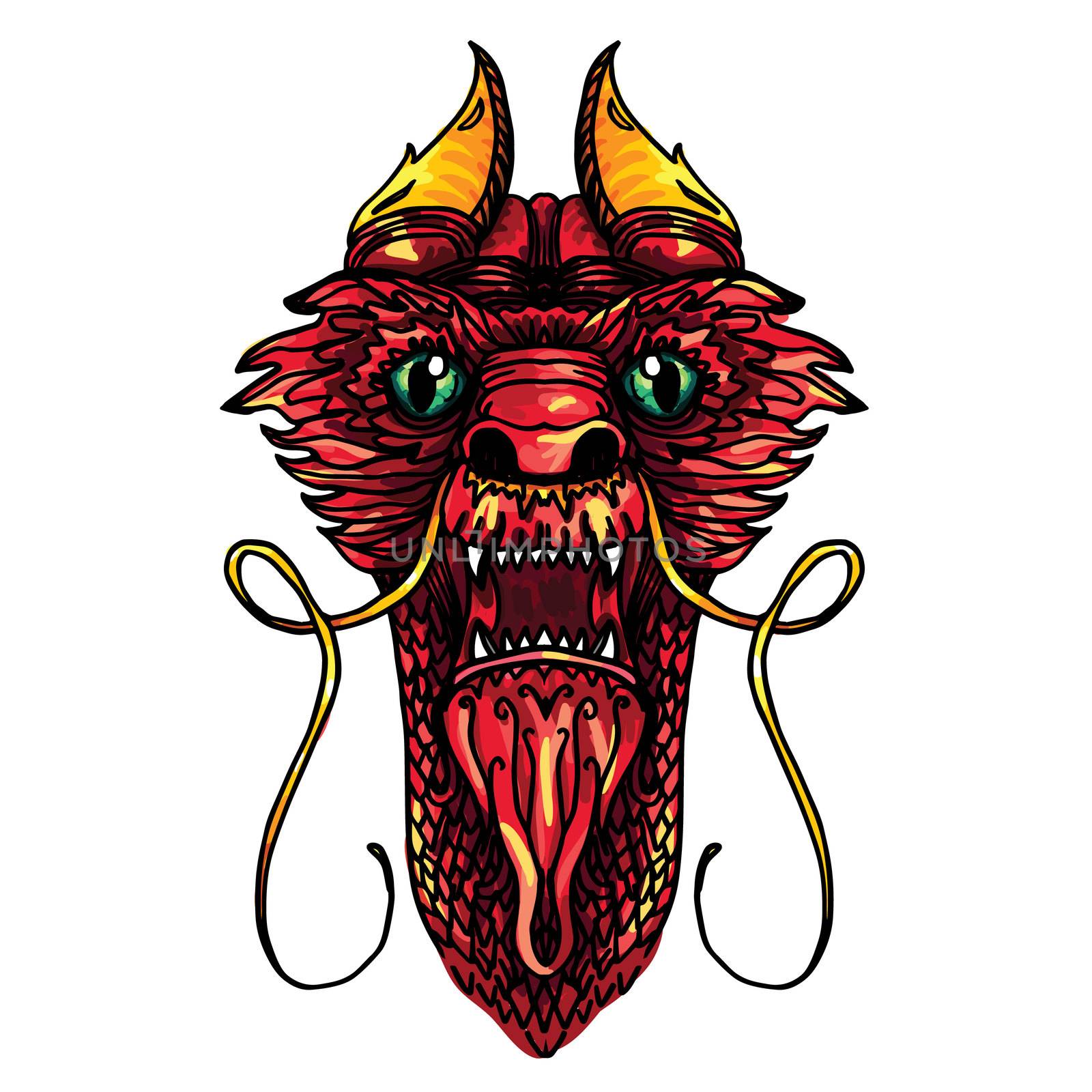 Red and Gold Dragon Head in tattoo and cartoon style. Vector