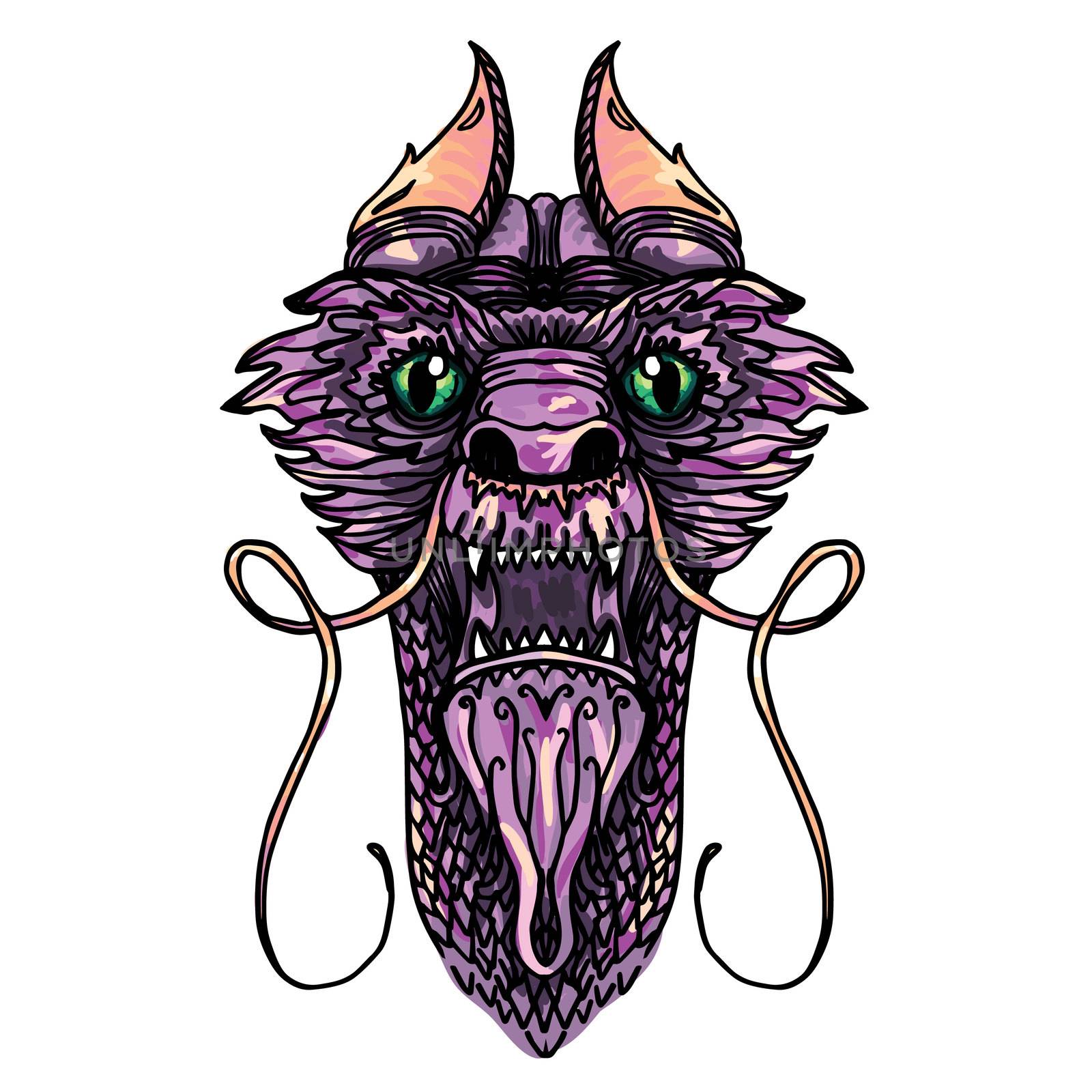 Dragon Head in tattoo and cartoon style. Vector