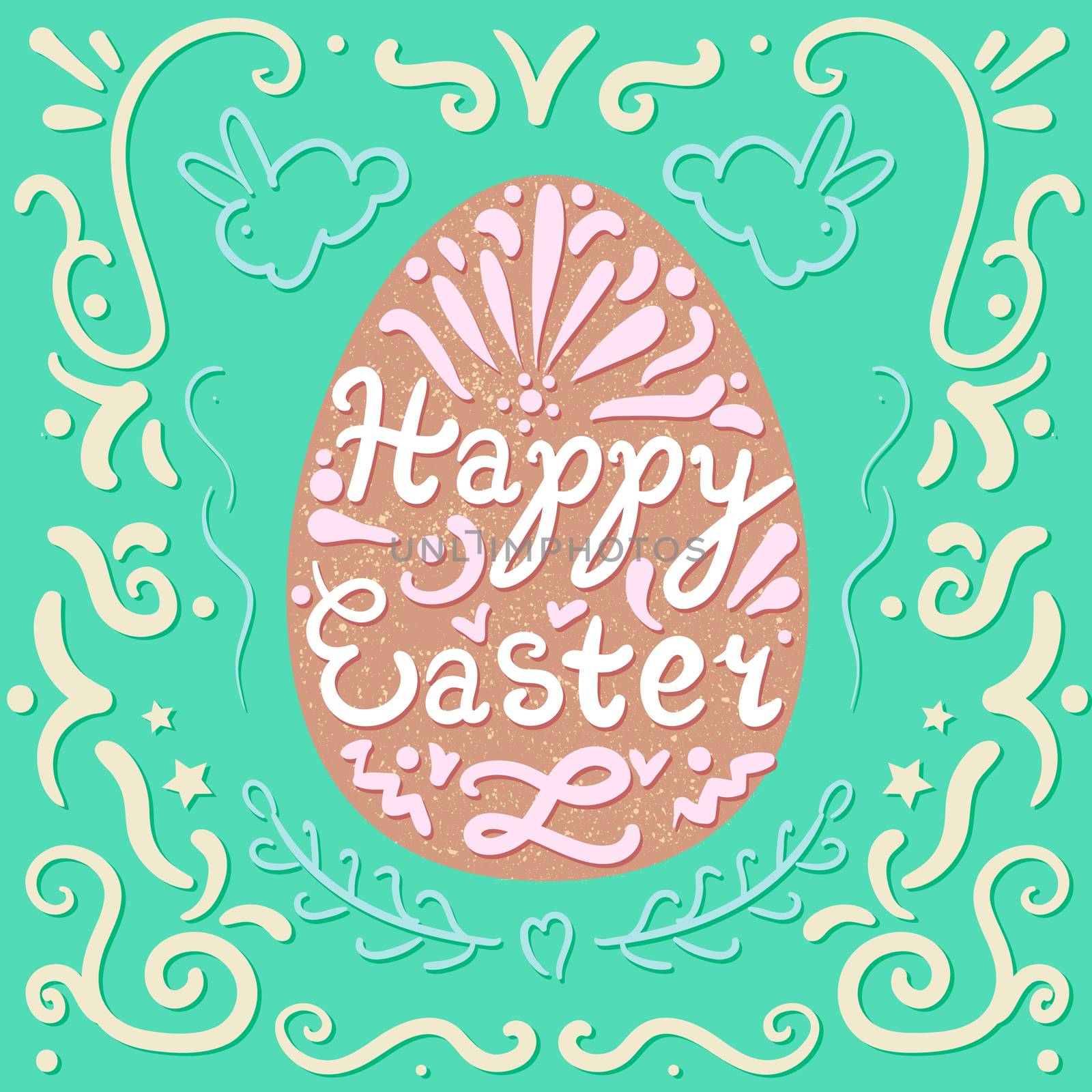 Vintage Happy Easter lettering in egg with rabbits. Pasch cookie. Vector