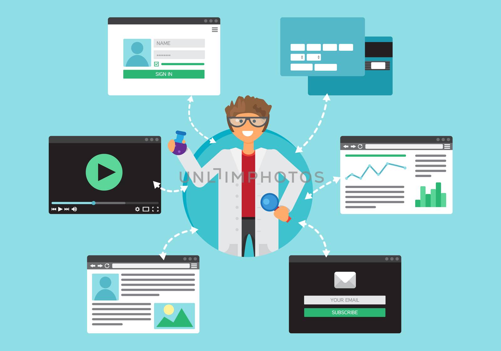 Web Life of Scientist with bulb and magnifier from video, blog, social networks, online shopping and email. Graphic user interface and web pages forms and elements. Vector