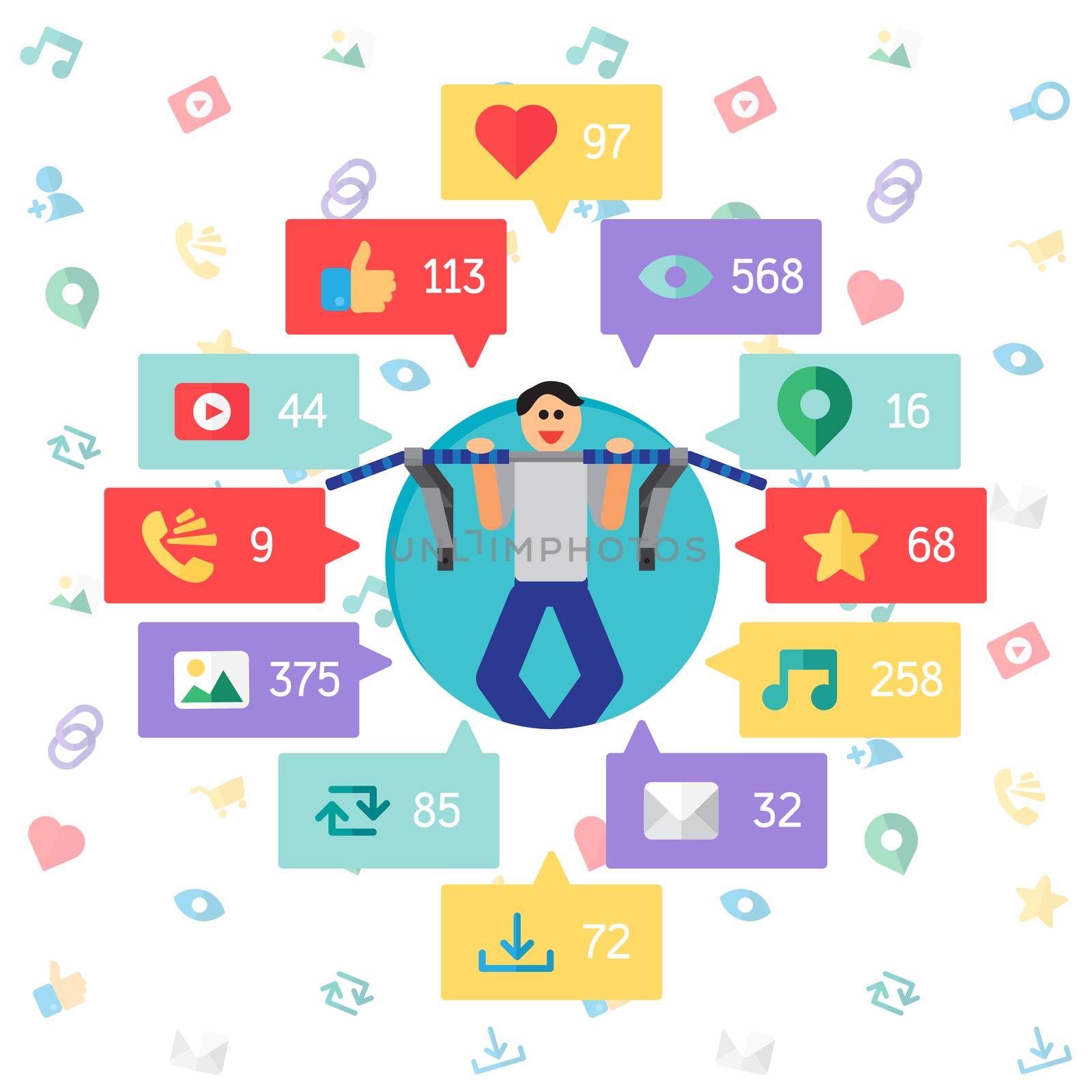 Web Life of Sportsman from blog and social networks, online shopping and email, files of video, images and photos. You can change figures in bubbles - count of views, likes and reposts. Vector