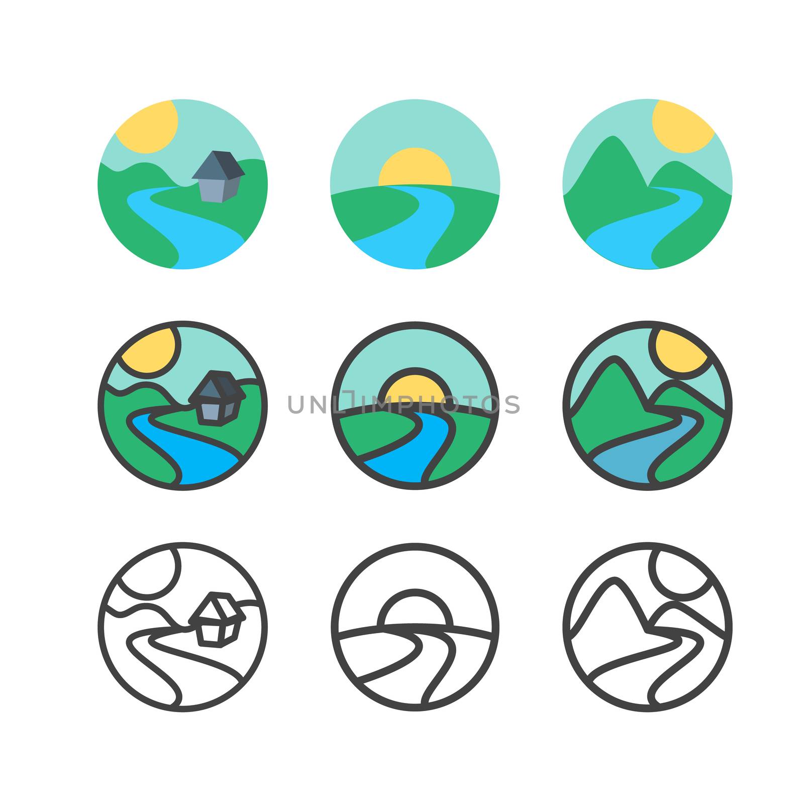 Ecology Logo and Eco House Templates Set. Landscape symbol. Nature logotype. Green logo. Vector