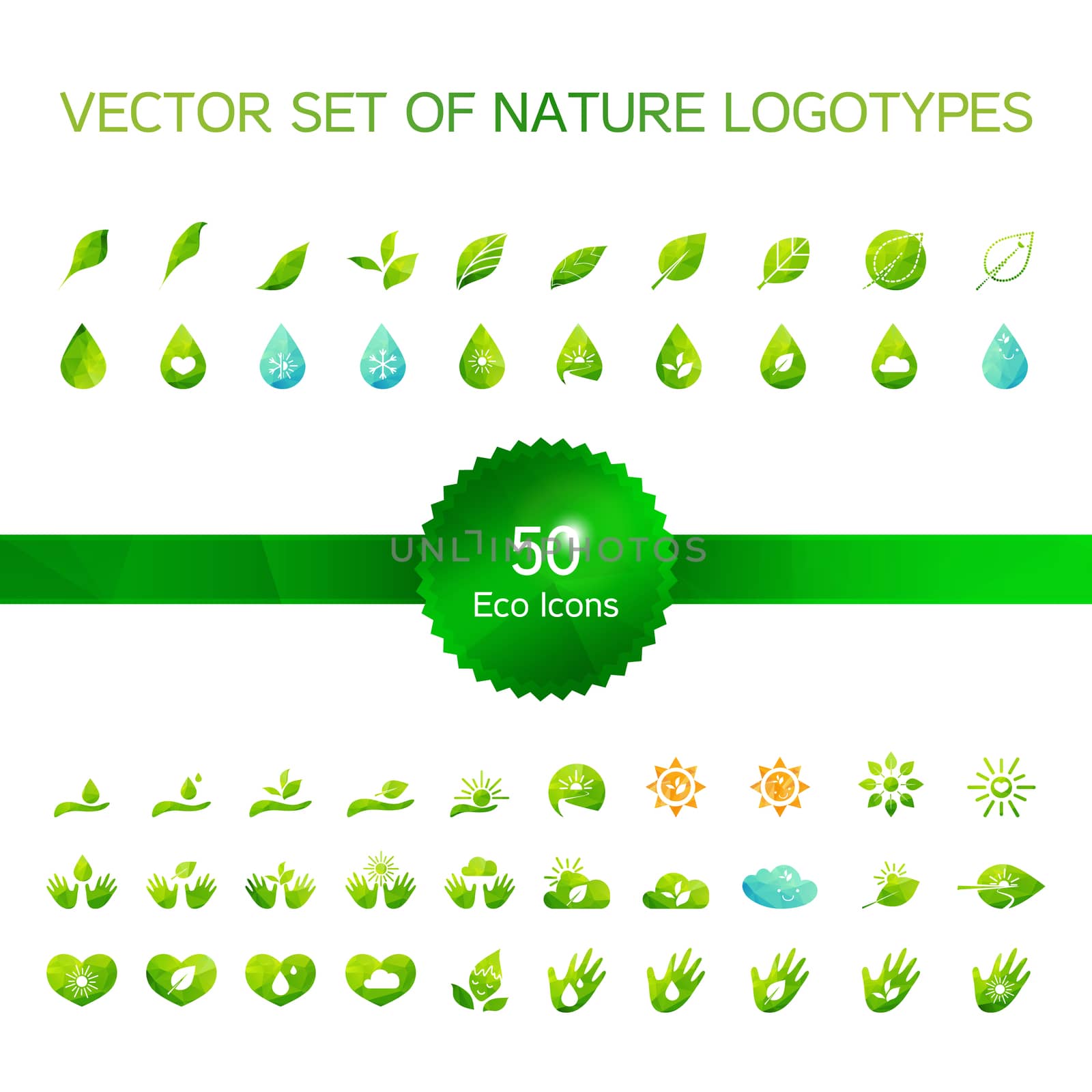 Set of 50 ecology icons, nature logo, biology symbols from leaves and hand, sun and snow, drop and heart. Vector
