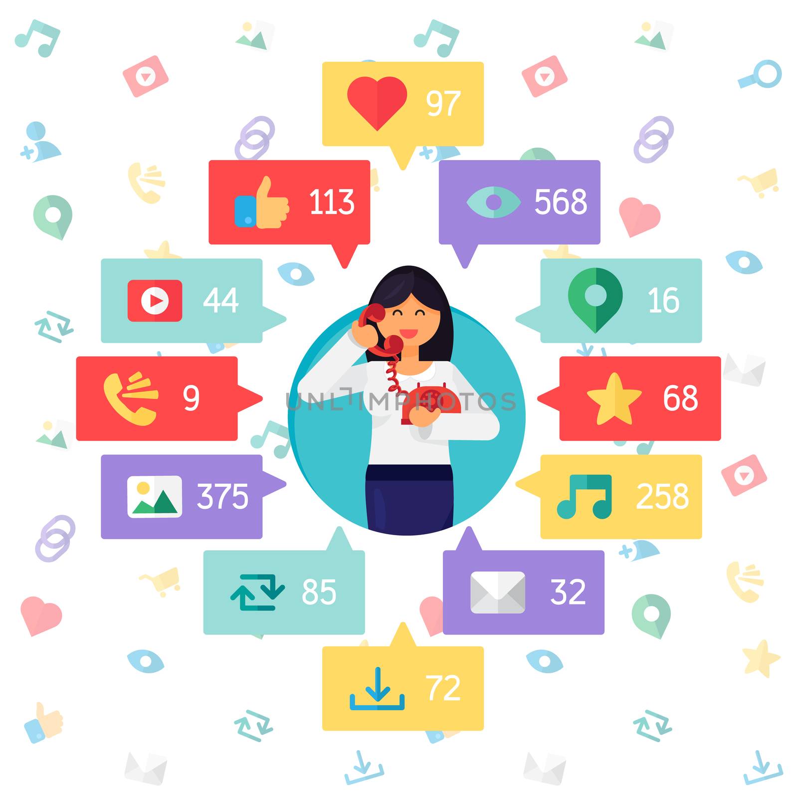 Web Life of Worker Woman from blog and social networks, online shopping and email, files of video, images and photos. You can change figures in bubbles - count of views, likes and reposts. Vector