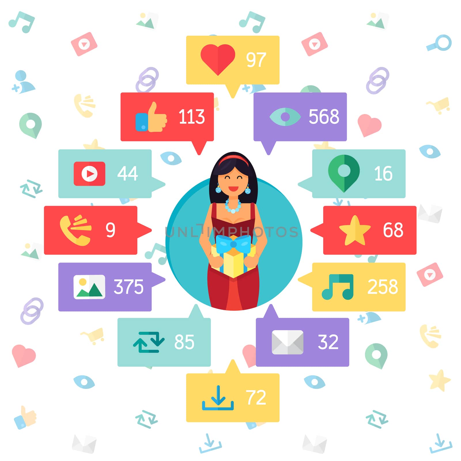 Web Life of Happy Woman from blog and social networks, online shopping and email, files of video, images and photos. You can change figures in bubbles - count of views, likes and reposts. Vector