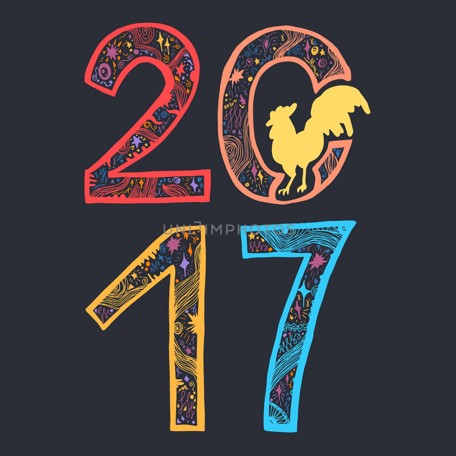 Lettering 2017 with cock for print, poster, sticker. Happy new year greeting card. Vector