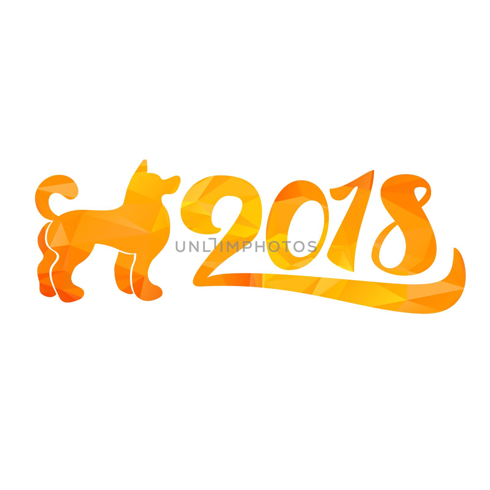 Happy New 2018 Year Lettering With Dog. Winter holiday illustration. Xmas Design Label Elements for invitation, greeting card and title, sticker, emblem, print, magnet. Vector