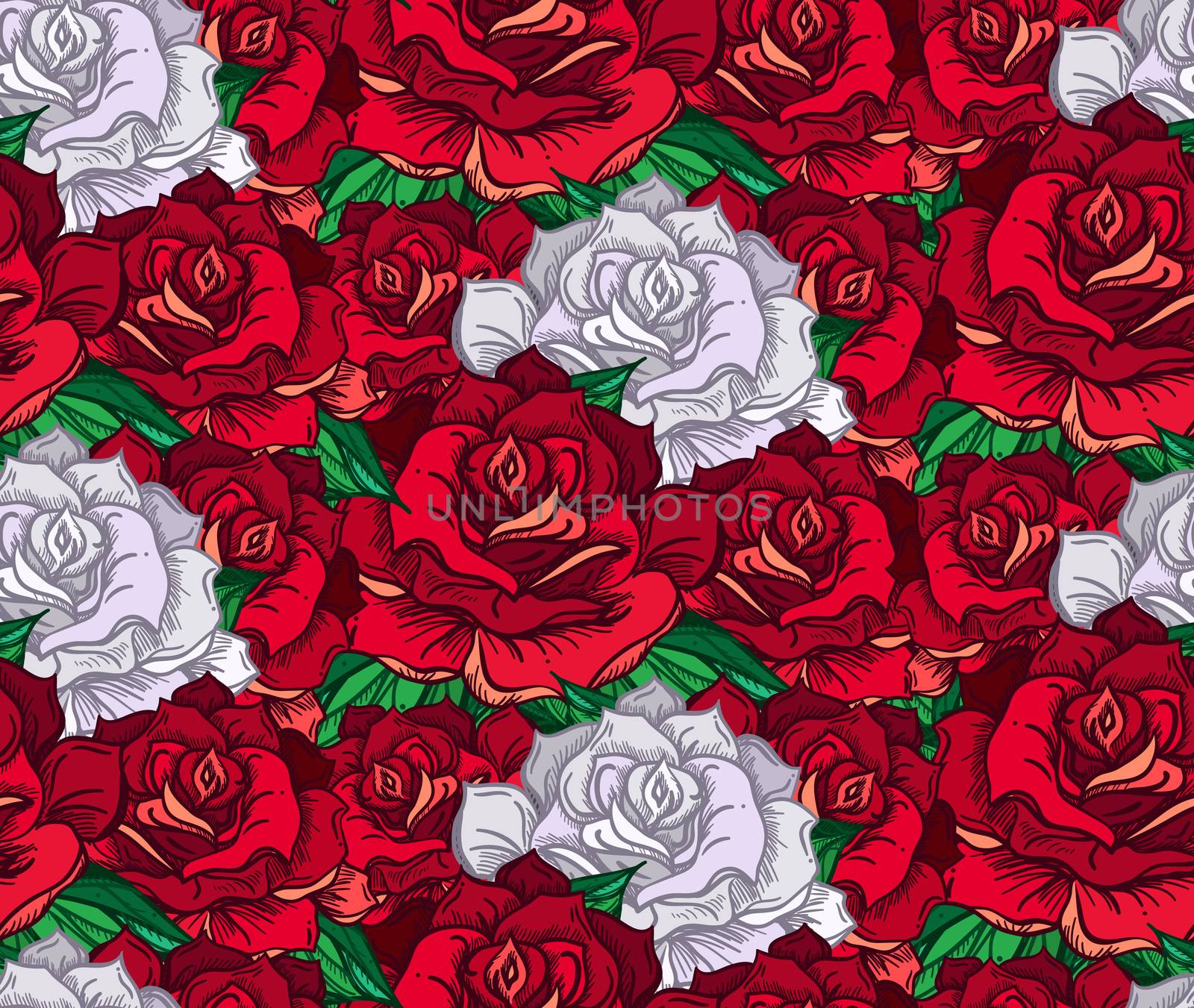 Hand Drawn Wedding Rose Seamless Pattern. Flower Template for wedding, holiday, celebration. Rose for print, tattoo and digital art. Vector