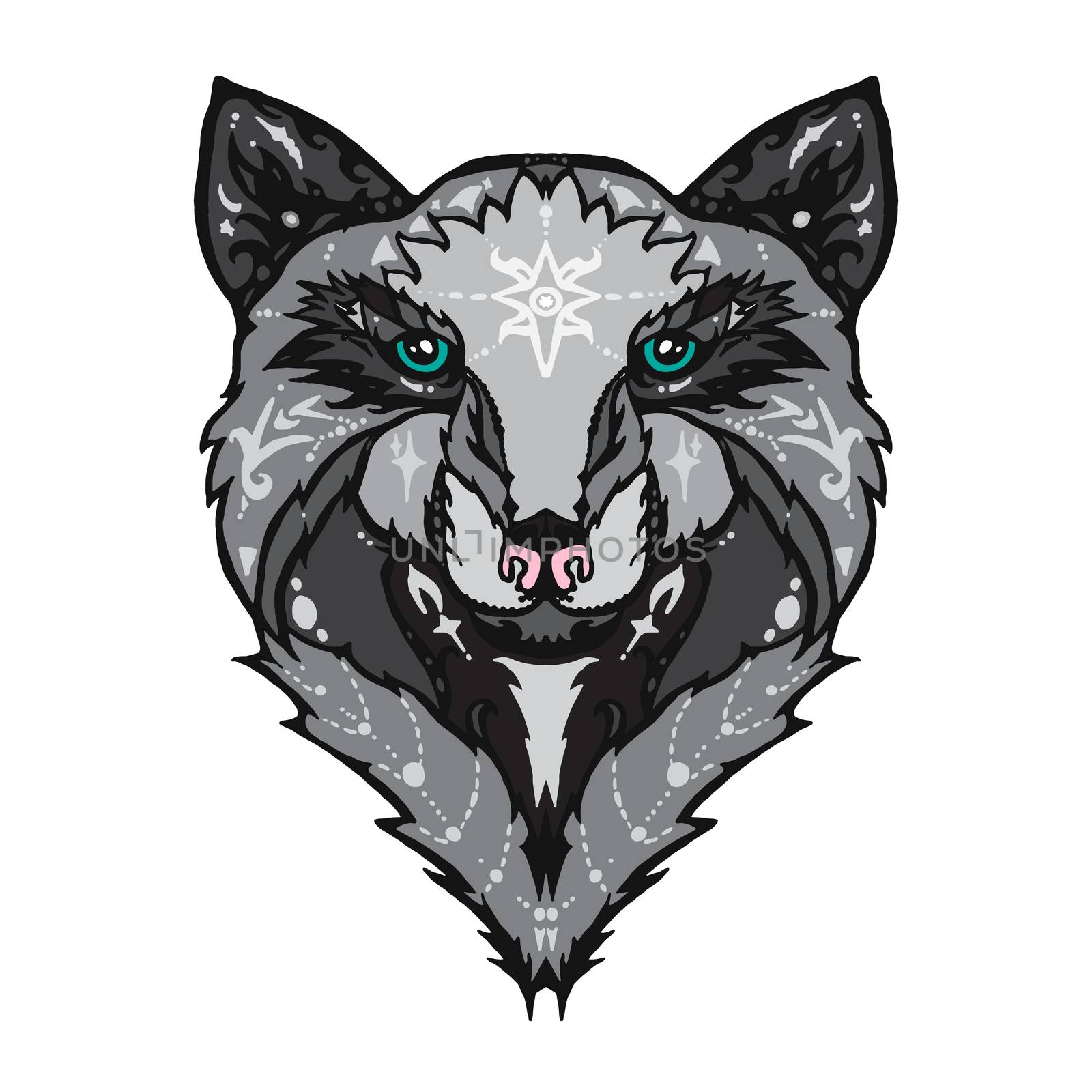 Illustration of isolated detailed wild wolf head in vintage and aztec style for textiles, print and tattoo. Line-art. Vector