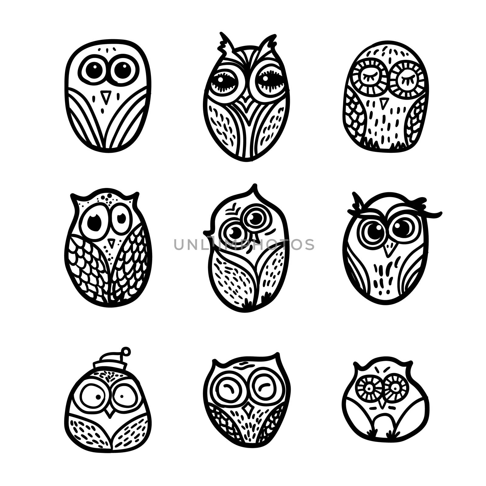 Hand Drawn Funny Owl. Owls set for print, fabric, wrap and illustration. Vector