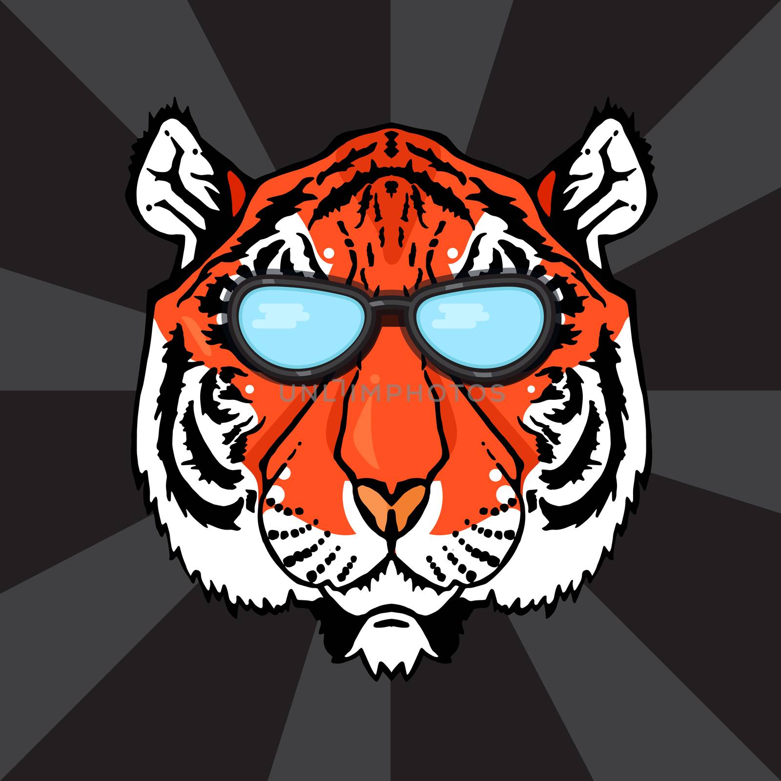 Illustration of isolated tiger head with glasses in vintage style for textiles, print and tattoo. Line-art. Vector