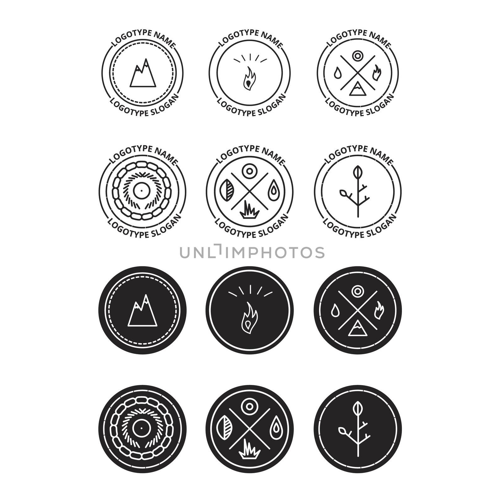 Nature and historical badges set with fire, mountain, plant, ecosystem and earth. Expedition and geological research sticker. Ice age. Travelling and tourism symbols. Vector