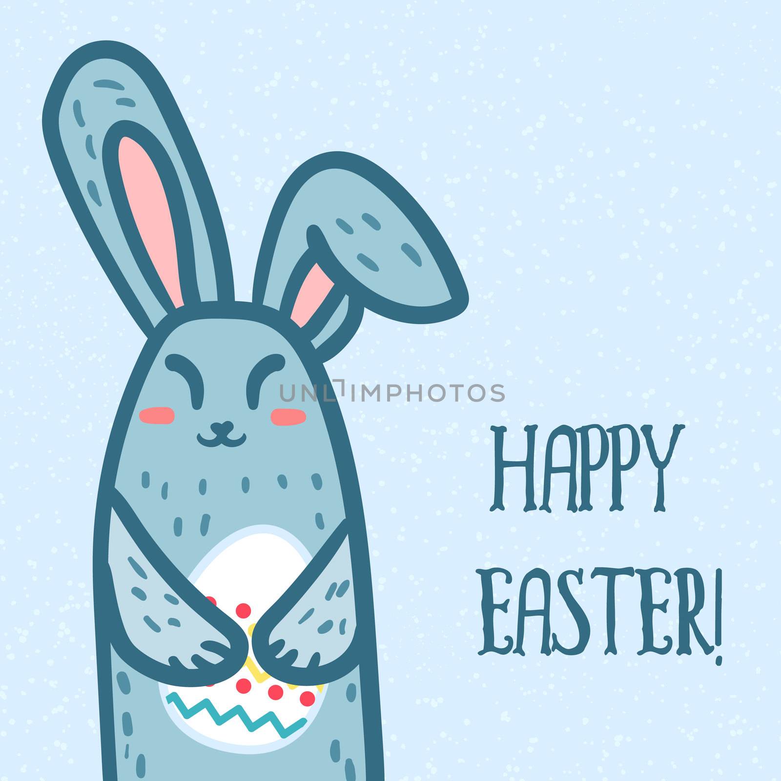 Happy Easter greeting or banner with cute rabbit and egg in hands. Vector