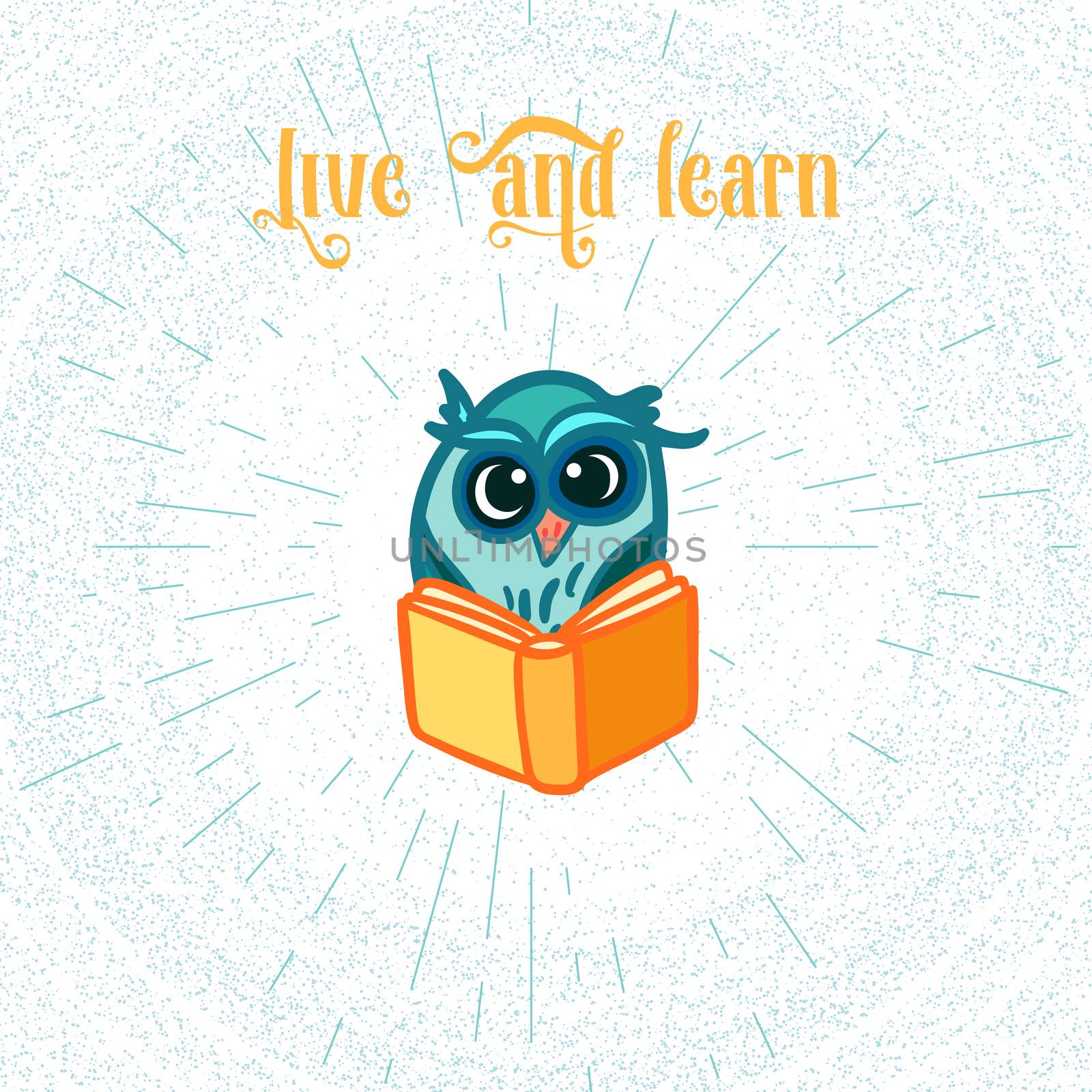 Hand Drawn Funny Owl with Book. Owls Learning subject for print, fabric, wrap and illustration, game, web and children's items. . Live and learn. Vector