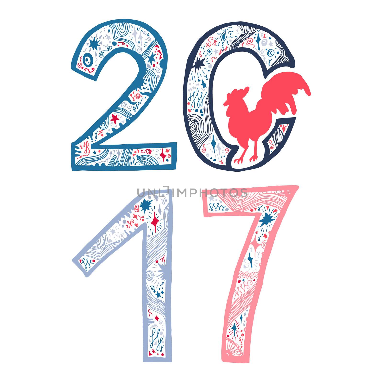 Lettering 2017 with cock for print, poster, sticker. Happy new year greeting card. Vector