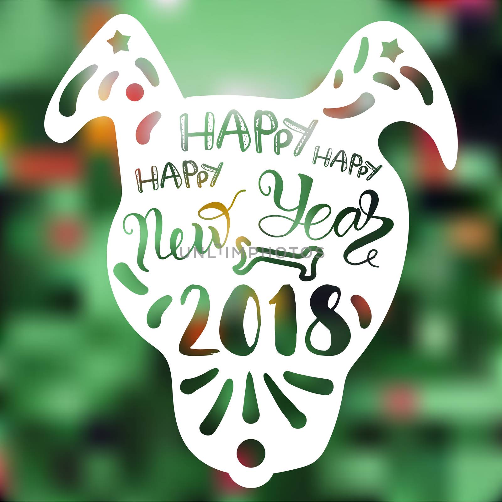 Happy New 2018 Year Lettering With Dog. Winter holiday illustration. Xmas Design Label Elements for invitation, greeting card and title, sticker, emblem, print, magnet. Vector