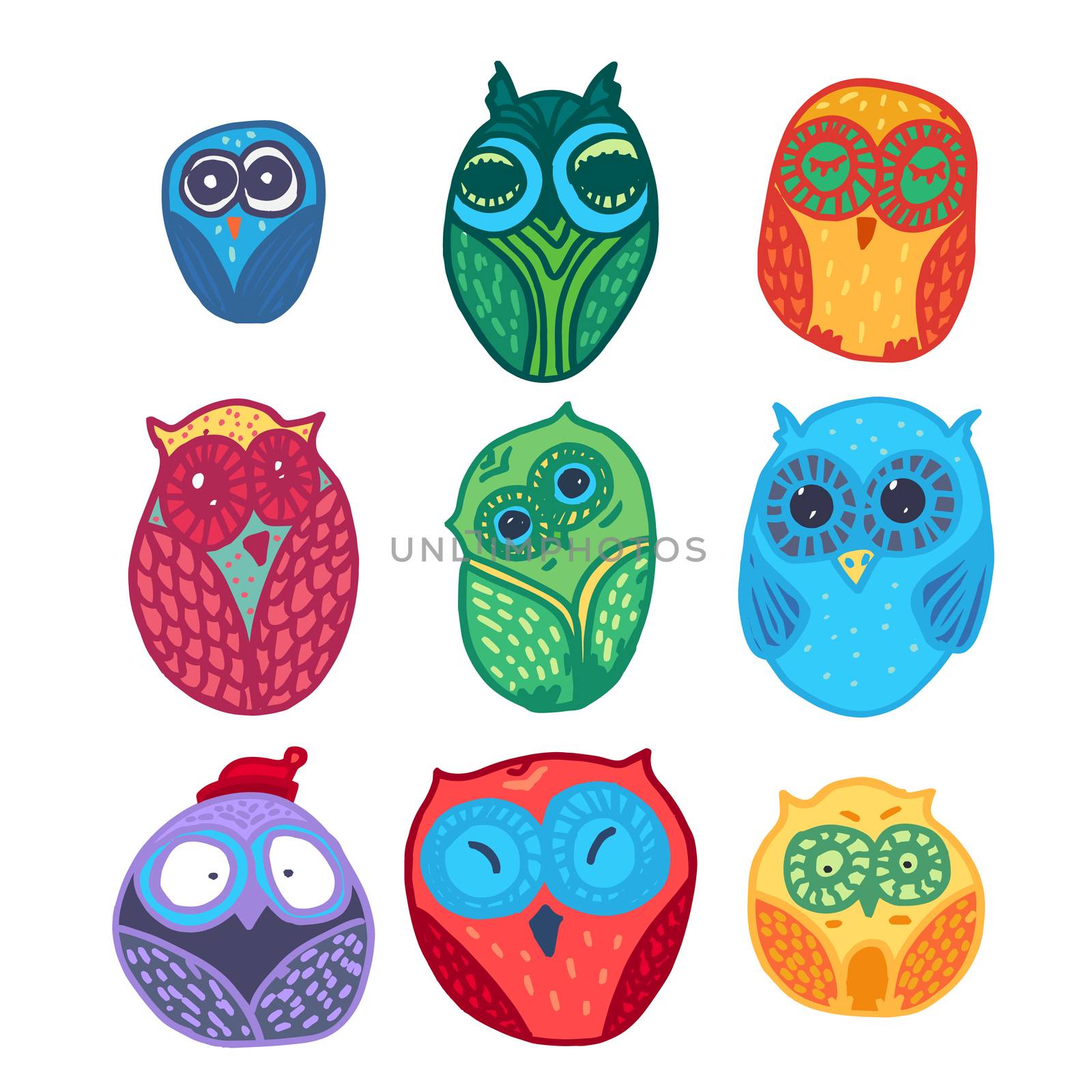 Hand Drawn Funny Owl. Owls set for print, fabric, wrap and illustration. Vector