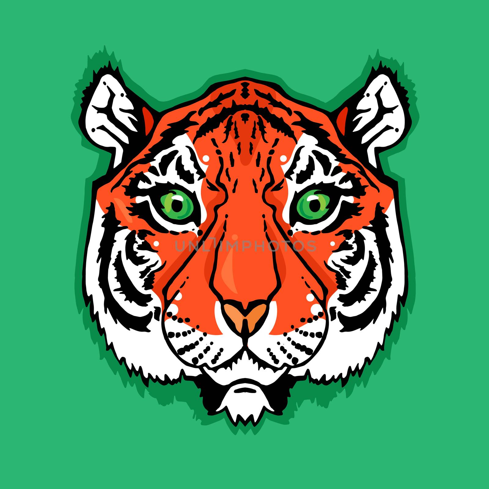 Illustration of isolated tiger head in vintage style for textiles, print and tattoo. Line-art. Vector