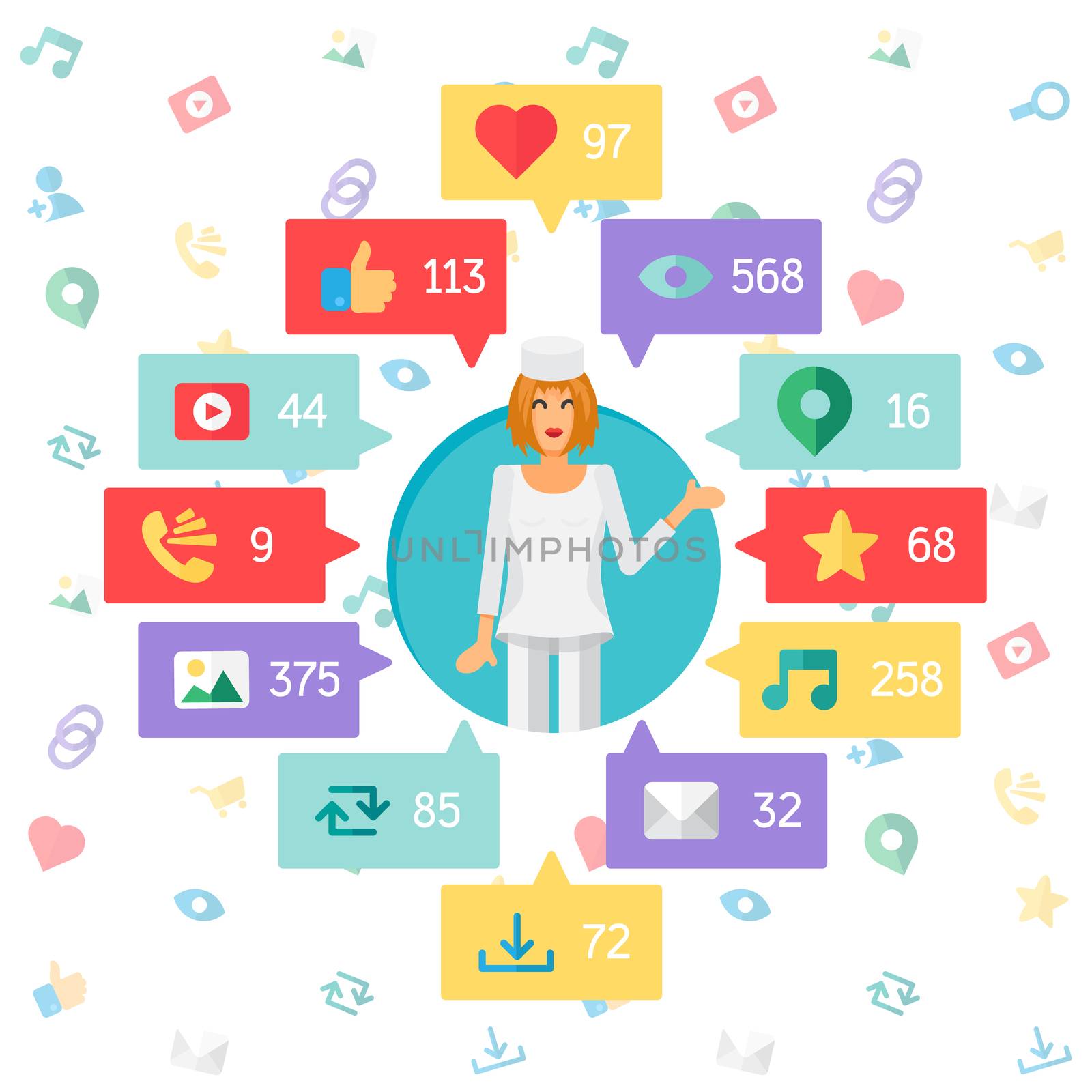 Web Life of Doctor or Nurse from blog and social networks, online shopping and email, files of video, images and photos. You can change figures in bubbles - count of views, likes and reposts. Vector