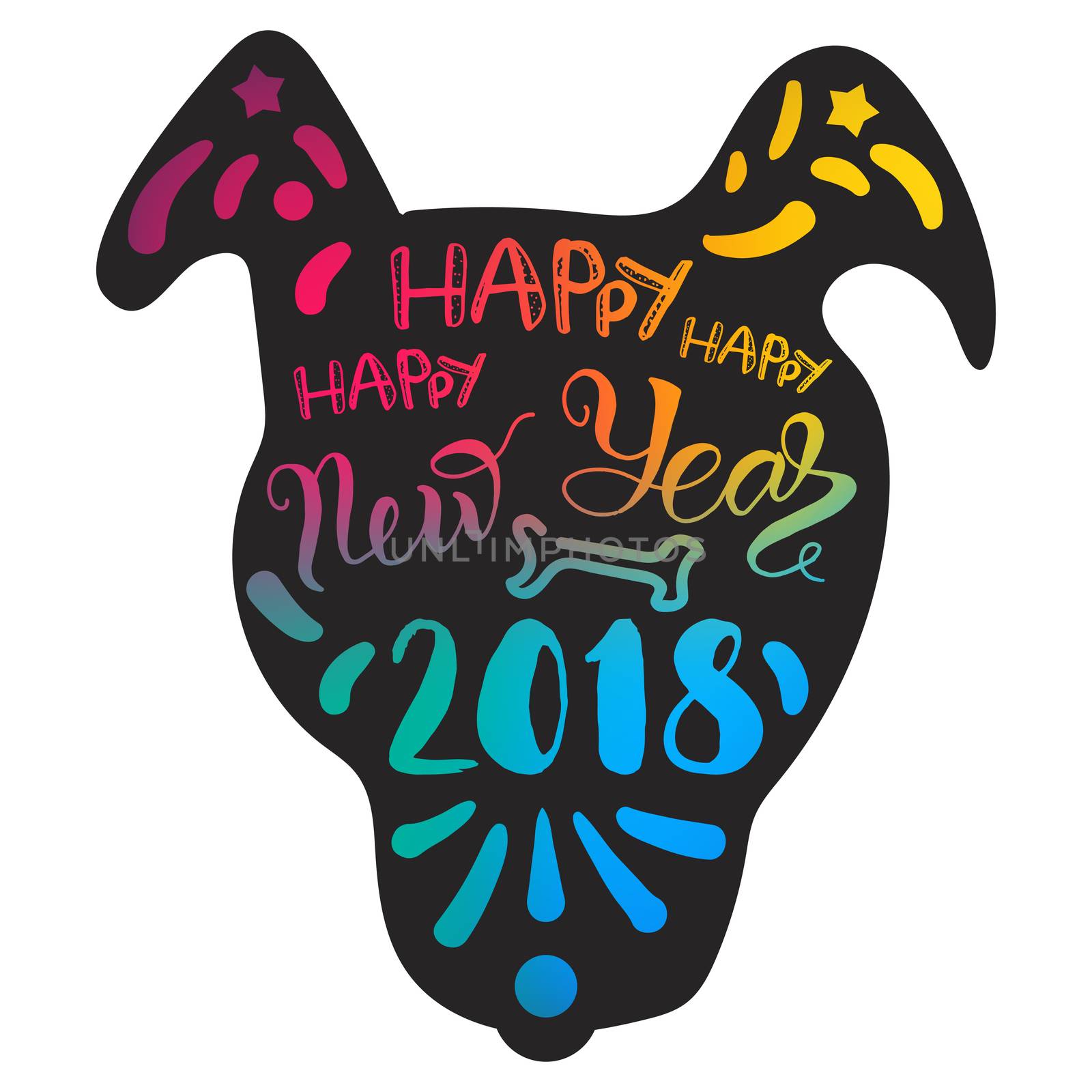 Happy New 2018 Year Lettering With Dog. Winter holiday illustration. Xmas Design Label Elements for invitation, greeting card and title, sticker, emblem, print, magnet. Vector