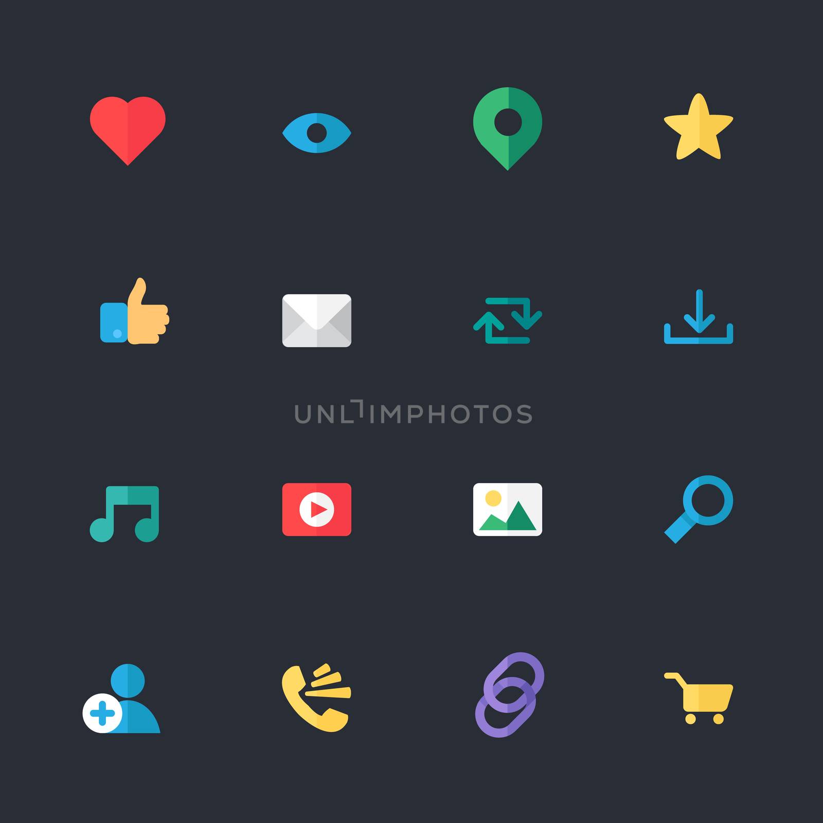 Web Icons for blog and social networks, online shopping and email, files of video, images and photos. Elements for count of views, likes and reposts. Vector