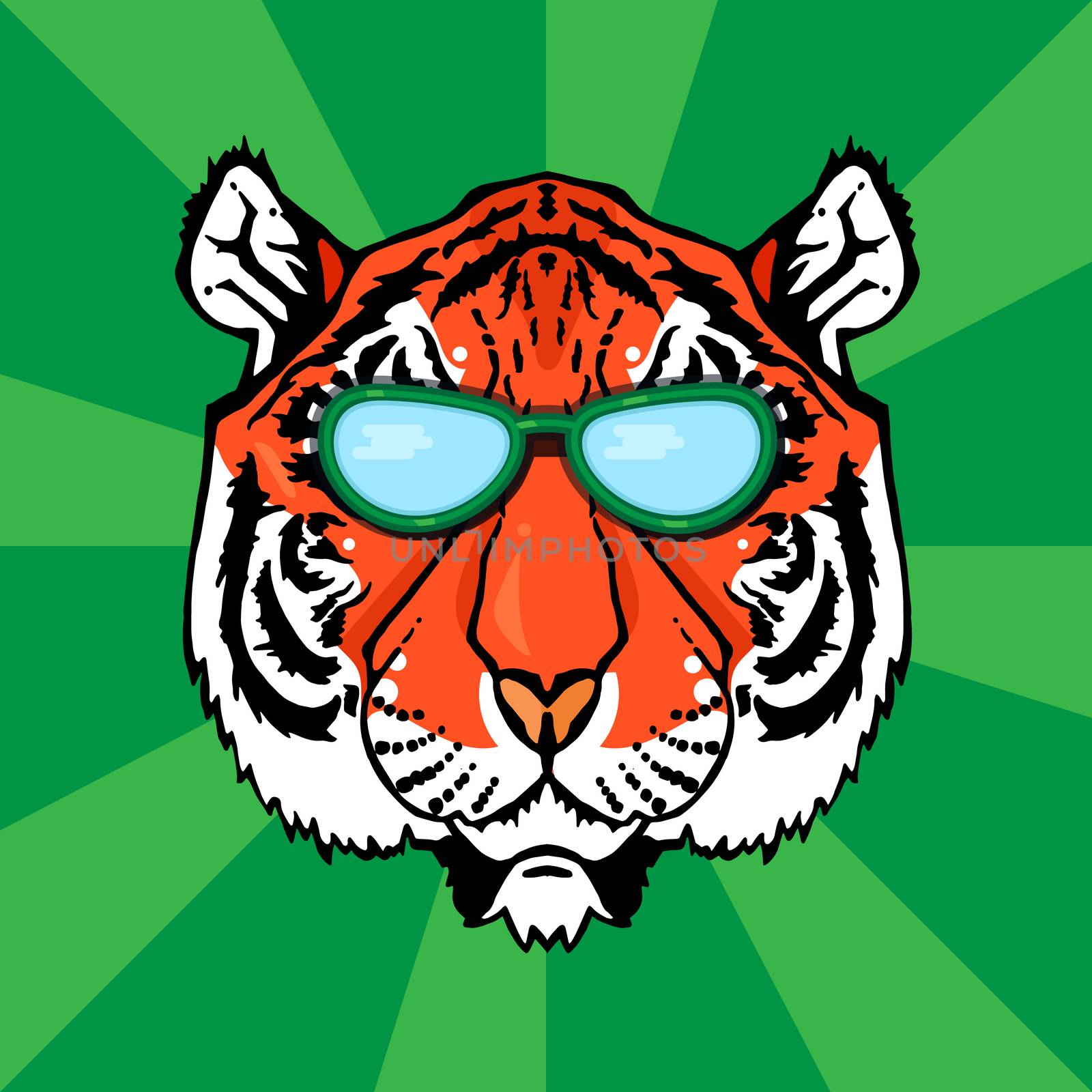 Illustration of isolated tiger head with glasses in vintage style for textiles, print and tattoo. Line-art. Vector