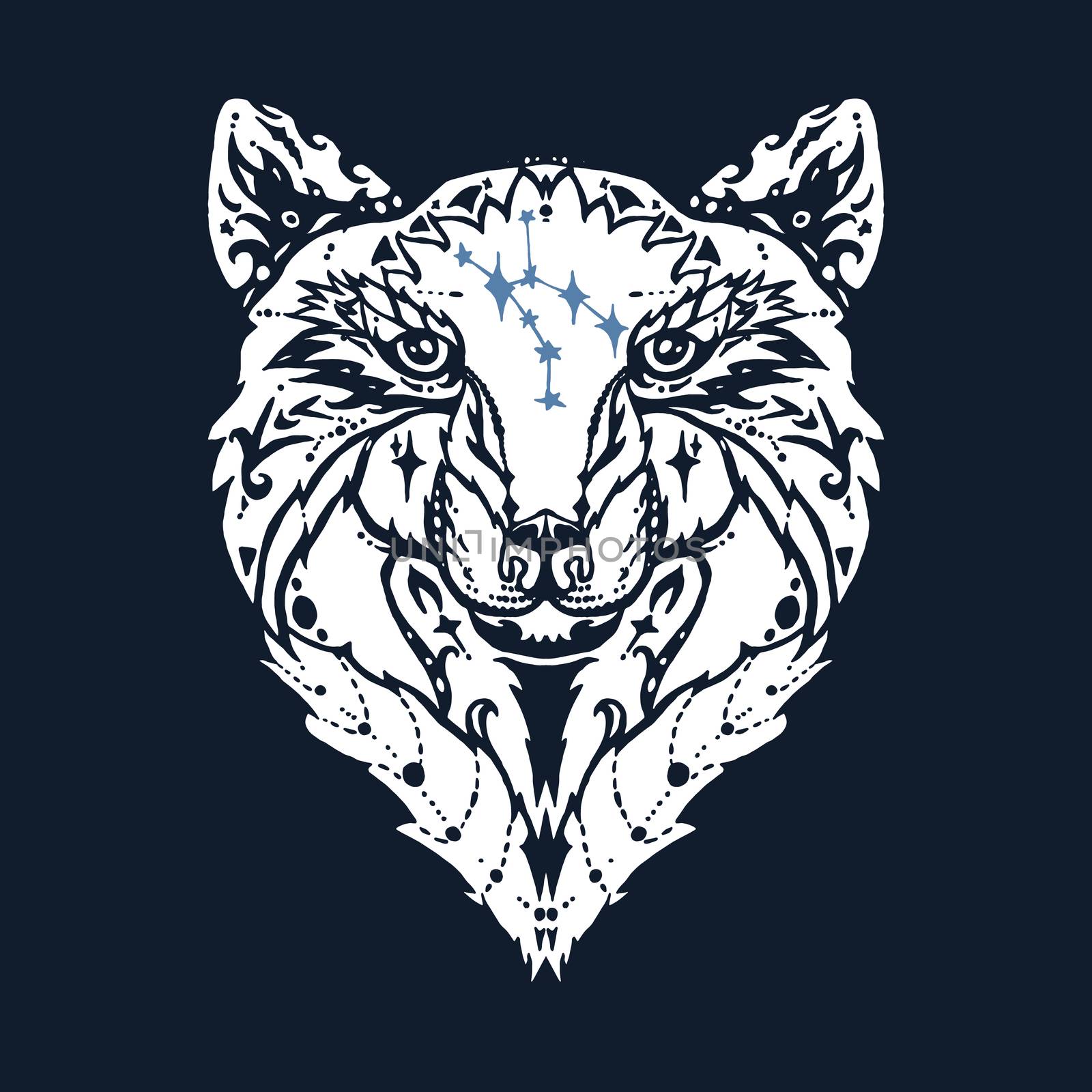 Illustration of isolated detailed wild wolf head in vintage and aztec style for textiles, print and tattoo. Line-art. Vector