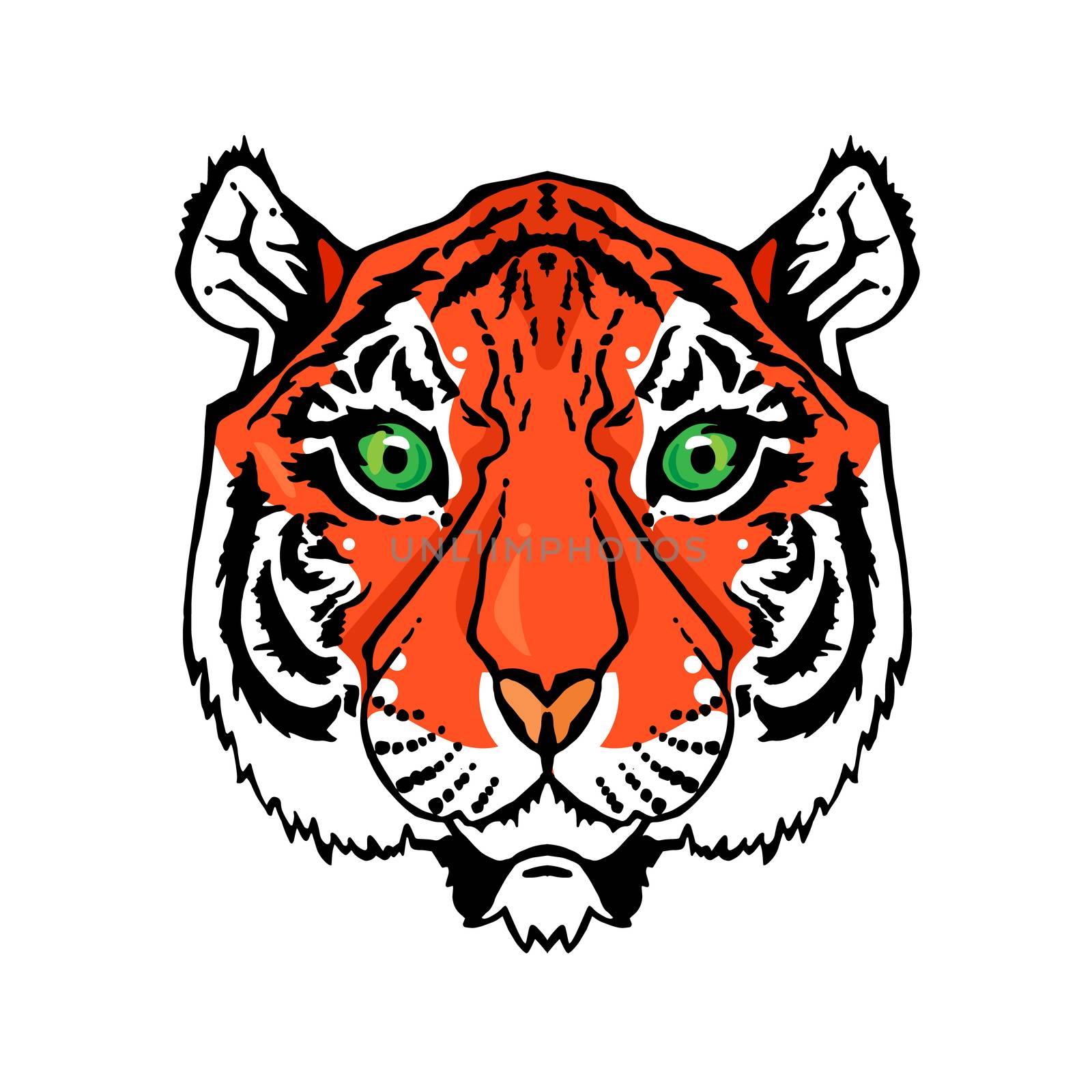 Illustration of isolated tiger head in vintage style for textiles, print and tattoo. Line-art. Vector