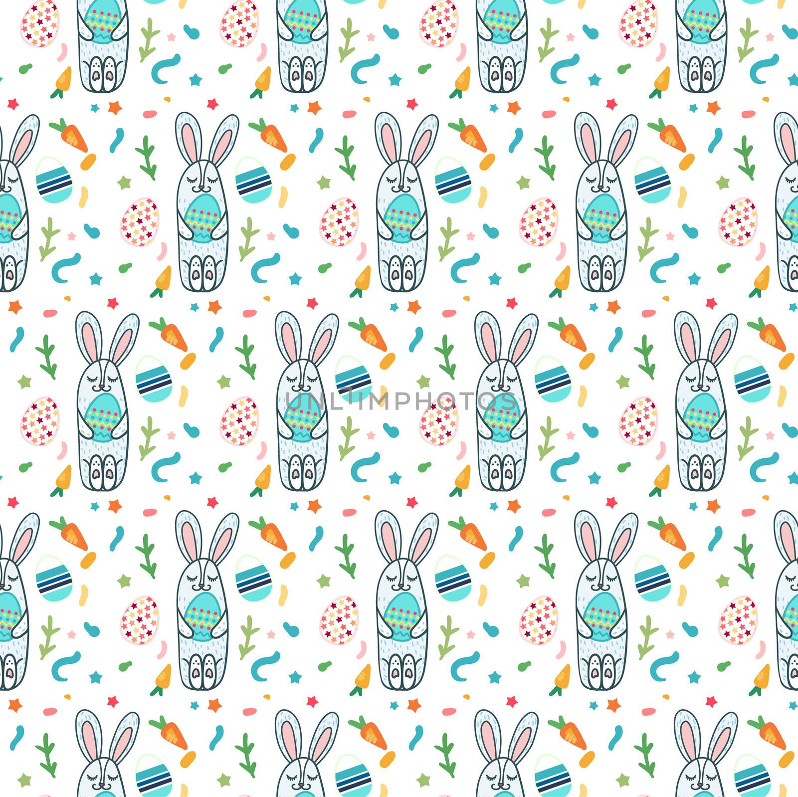 Happy Easter Seamless Pattern with cute rabbit and eggs. Template for print, fabric, wrapping, wallpaper, greeting background. Vector