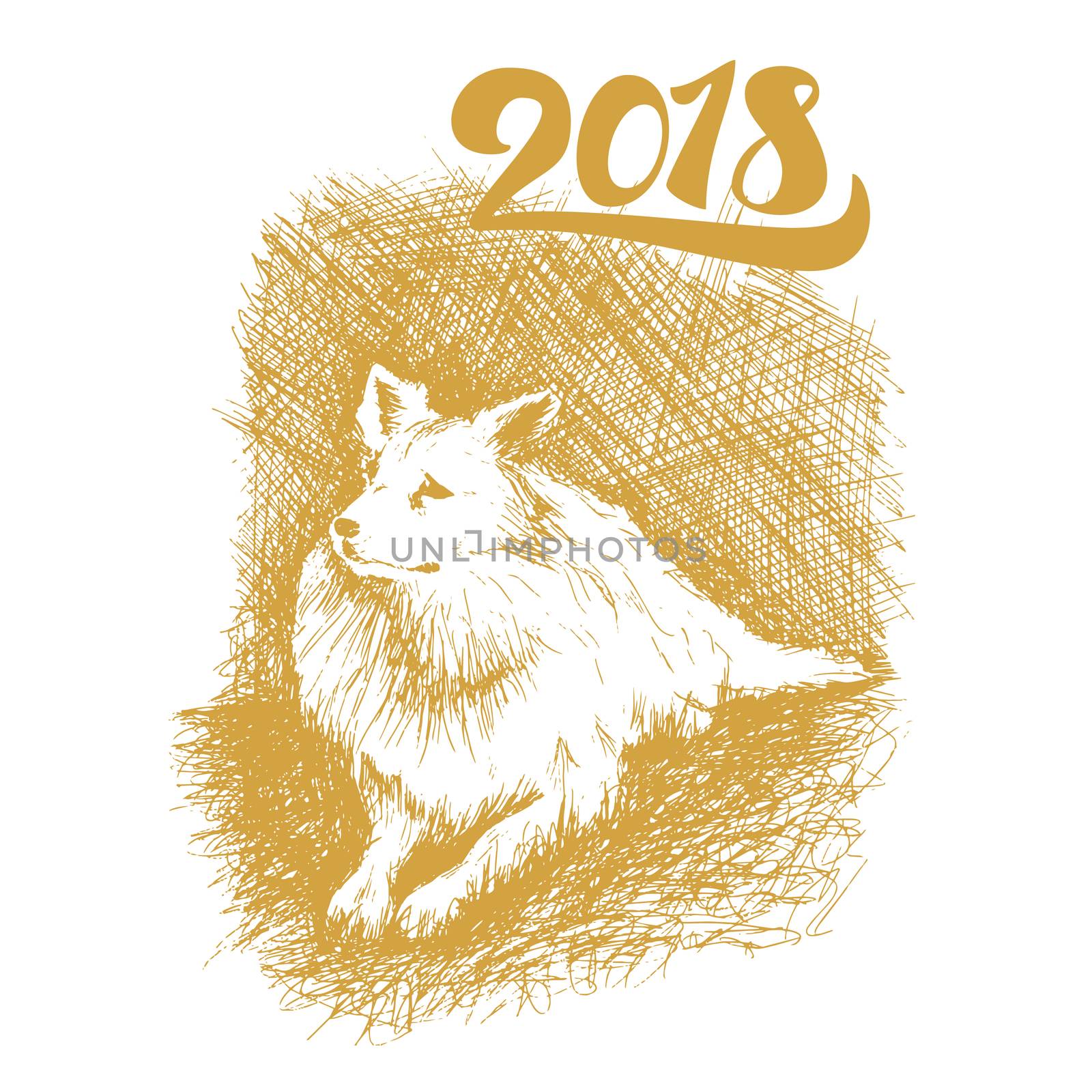 Happy New 2018 Year Lettering With Dog. Winter holiday illustration. Xmas Design Label Elements for invitation, greeting card and title, sticker, emblem, print, magnet. Vector