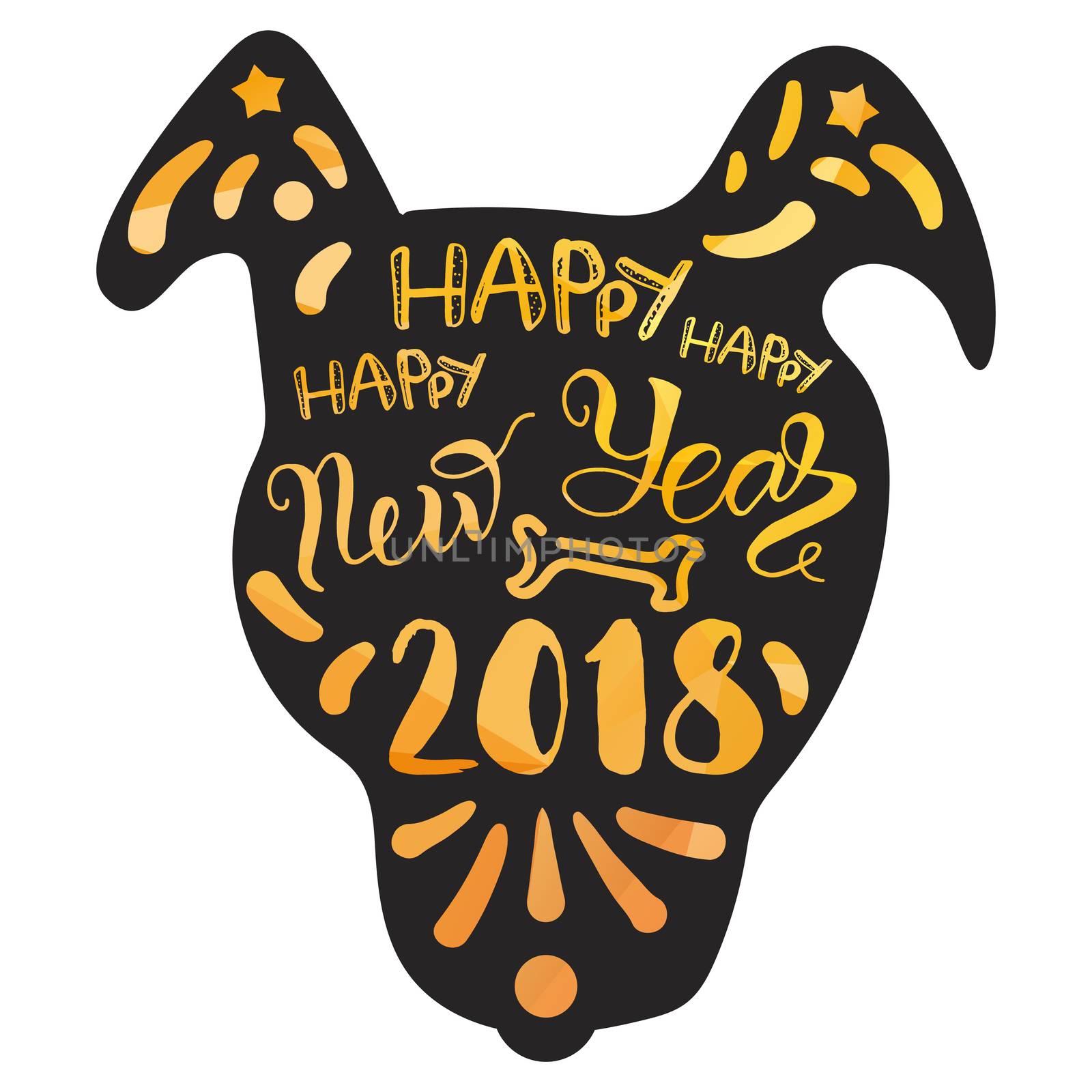 Happy New 2018 Year Lettering With Dog. Winter holiday illustration. Xmas Design Label Elements for invitation, greeting card and title, sticker, emblem, print, magnet. Vector