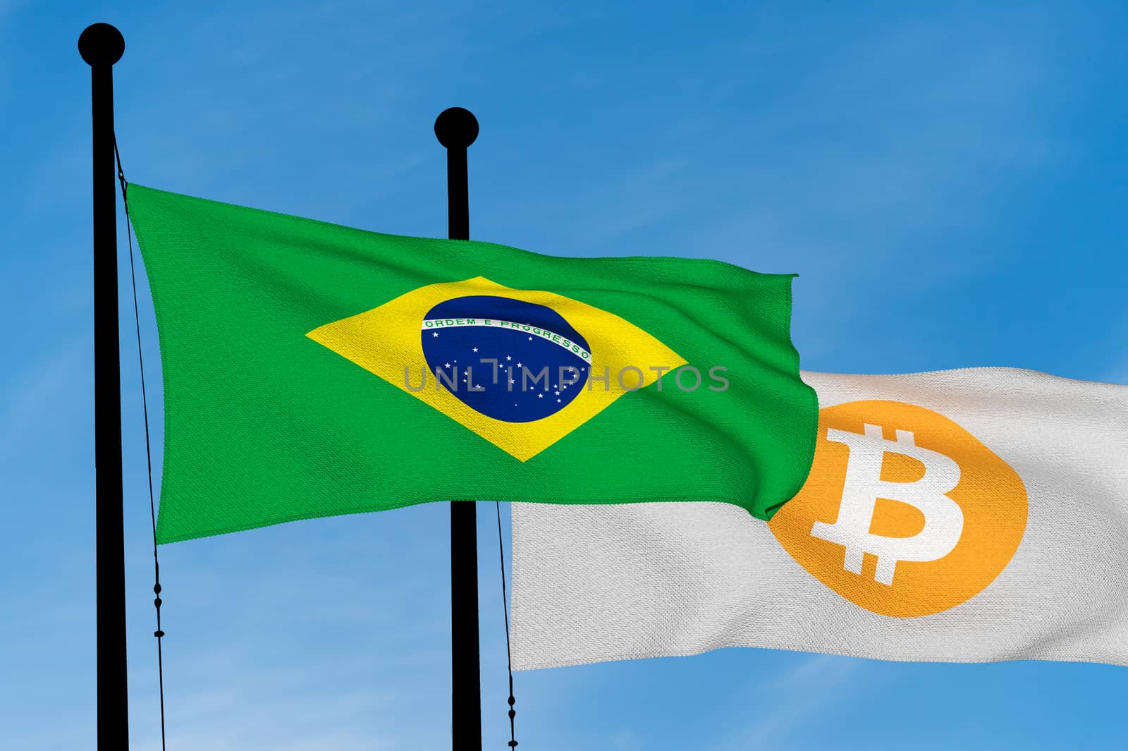 Brazil flag and Bitcoin Flag waving over blue sky (digitally generated image)