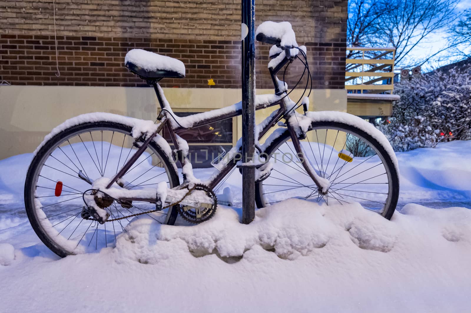Bike covered in snow during snow storm by mbruxelle